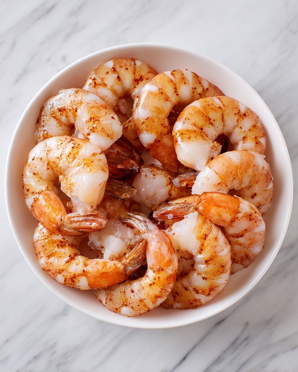A white bowl filled with raw shrimp arranged in a circular pattern, each shrimp coated with red-brown spices, showing a mix of pale translucent pink and orange colors with dark tails, all placed on a white marbled surface. photo taken with an iphone --ar 4:5 --v 7