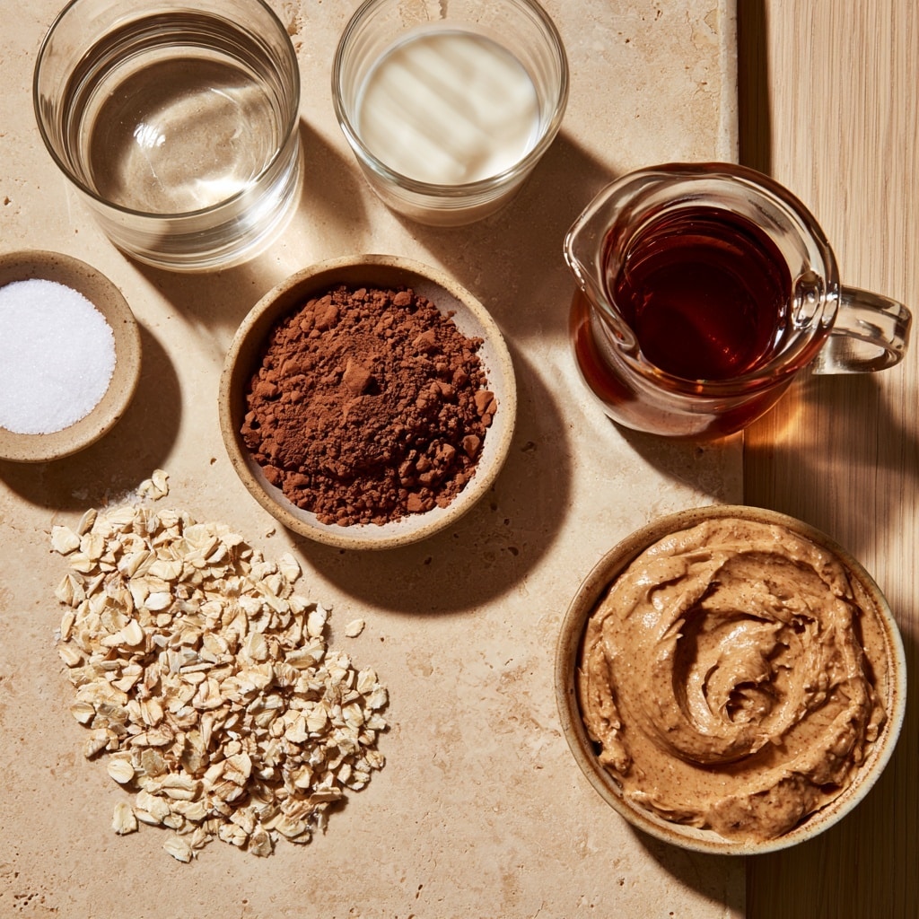 A small pan sits on a white marbled surface with a round cork mat underneath. Inside the pan, there are three main layers: on the left, light beige rolled oats; on the right, a dark brown powder and liquid mixture creating a textured chocolate color; and at the bottom, a darker brown liquid. A silver spoon with a simple handle rests horizontally in the pan, partially covered by the oats and cocoa mix. photo taken with an iphone --ar 4:5 --v 7