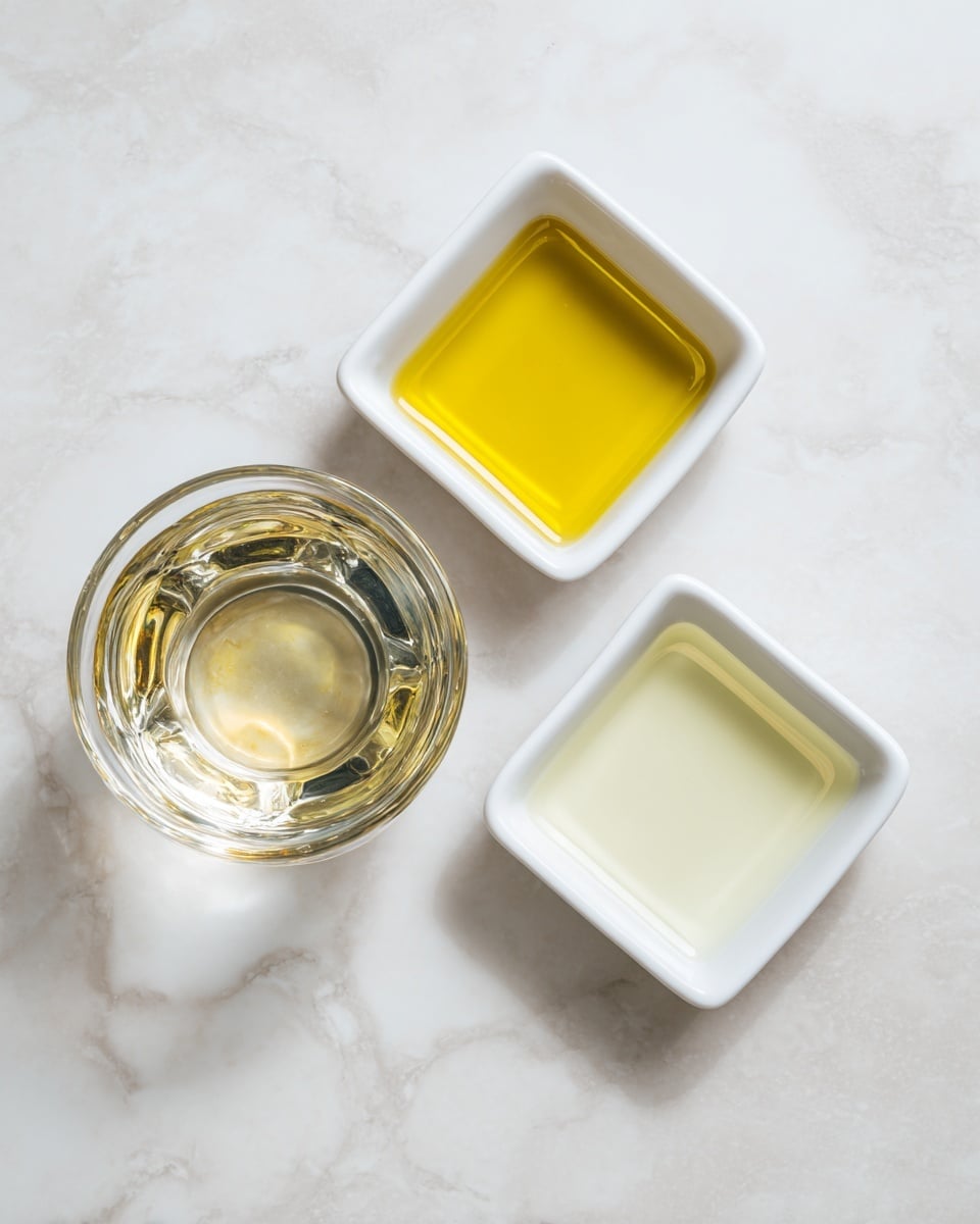 The image shows three small bowls on a white marbled surface. One bowl is clear glass filled with water, positioned on the lower left. The other two bowls are white square ceramic; the top one holds a golden-yellow liquid and the right one contains a pale yellow liquid. The arrangement forms a loose triangle, with the clear bowl slightly larger than the white ones. The scene is simple and focused on the liquids in the bowls. photo taken with an iphone --ar 4:5 --v 7