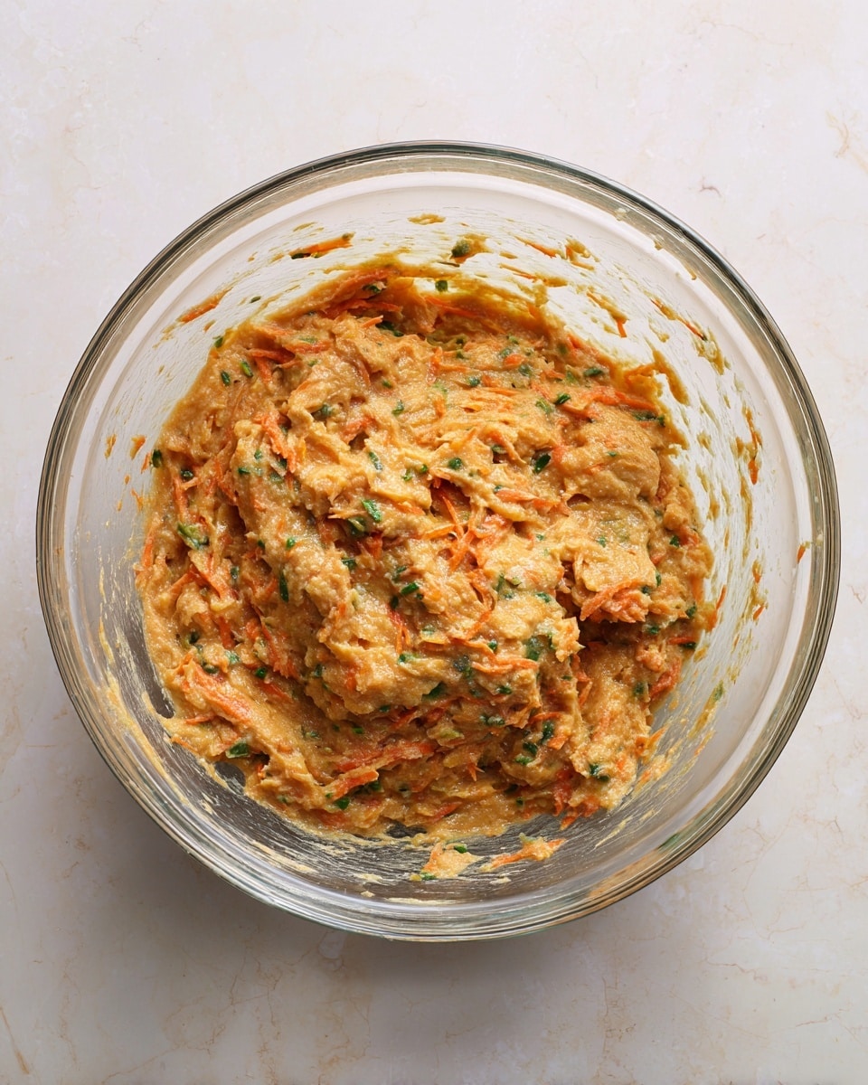 A clear glass bowl filled with a thick, mixed batter that has a light brown color interspersed with visible bits of orange and green, likely shredded vegetables and herbs. The batter looks moist and somewhat chunky, with fine textures of shredded ingredients spread evenly throughout. The bowl is placed on a white marbled surface which gives a clean and bright background. The inside walls of the bowl show some batter remnants, indicating it has been recently stirred or mixed. photo taken with an iphone --ar 4:5 --v 7