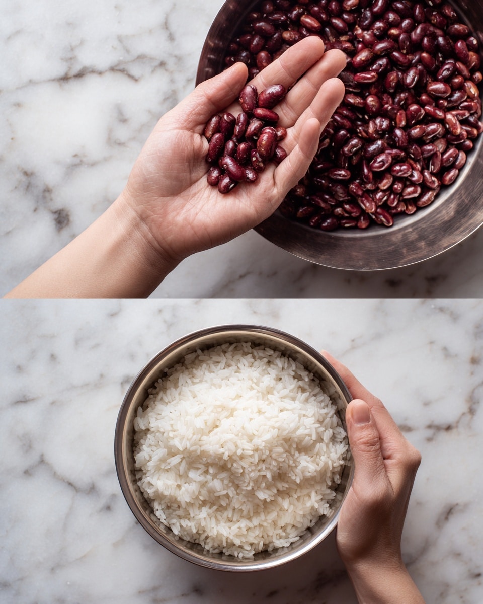 A close-up top view of a large metal bowl filled with white rice mixed with small reddish-brown beans. The rice grains are slightly glossy and evenly spread, while the beans are scattered throughout, adding a contrasting color and a smooth, shiny texture. A wooden spoon with a warm brown tone rests inside the bowl, partially buried in the mixture. The bowl sits on a white marbled surface. photo taken with an iphone --ar 4:5 --v 7