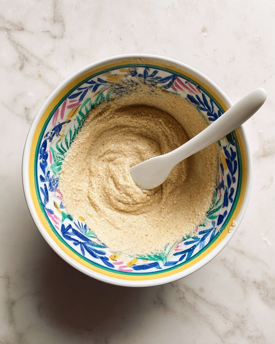 A colorful white bowl with a blue, yellow, and green pattern on the inside holds a thick, beige batter with a slightly grainy texture. A white spatula is partially submerged inside the batter, resting near the edge of the bowl. The bowl is placed on a white marbled surface. Photo taken with an iphone --ar 4:5 --v 7