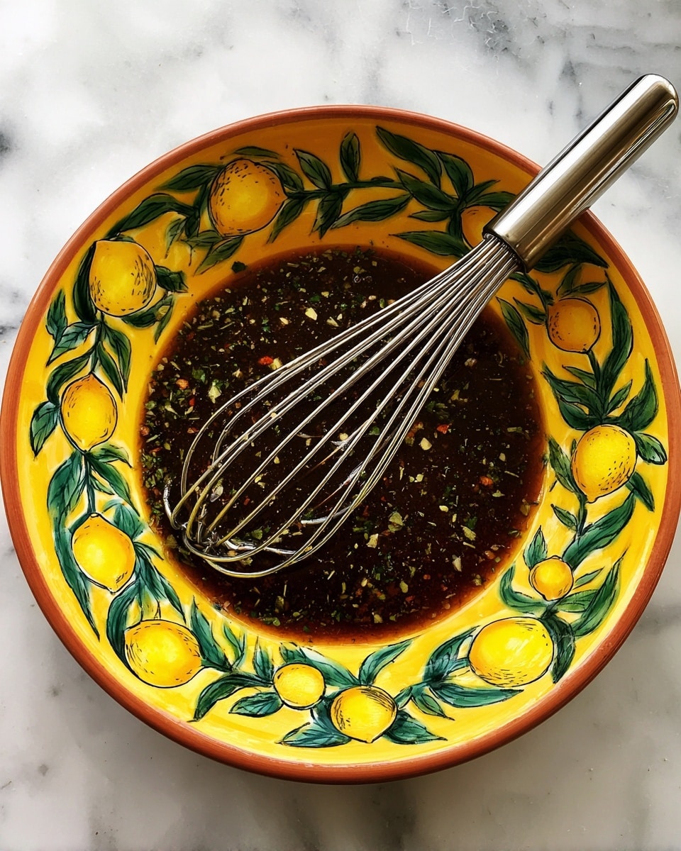 A colorful round bowl with a bright pattern of yellow lemons and green leaves around the edges holds a dark brown thick sauce filled with small bits of herbs and spices. A silver metal whisk is laying inside the sauce, stretching from one side of the bowl to the other. The bowl sits on a white marbled surface. photo taken with an iphone --ar 4:5 --v 7