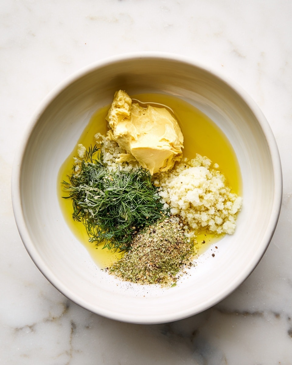 A white bowl on a white marbled surface holds several ingredients before mixing; the first layer is a pool of golden olive oil covering about one third of the bowl’s base, next to a dollop of thick, pale yellow mustard with a creamy texture; near the mustard is a pile of finely chopped green herbs, likely dill, with some coarse salt sprinkled on top; beside the herbs is a small mound of minced, pale beige garlic, and across the bottom edge of the bowl is a dusting of black pepper and possibly some other seasoning. photo taken with an iphone --ar 4:5 --v 7