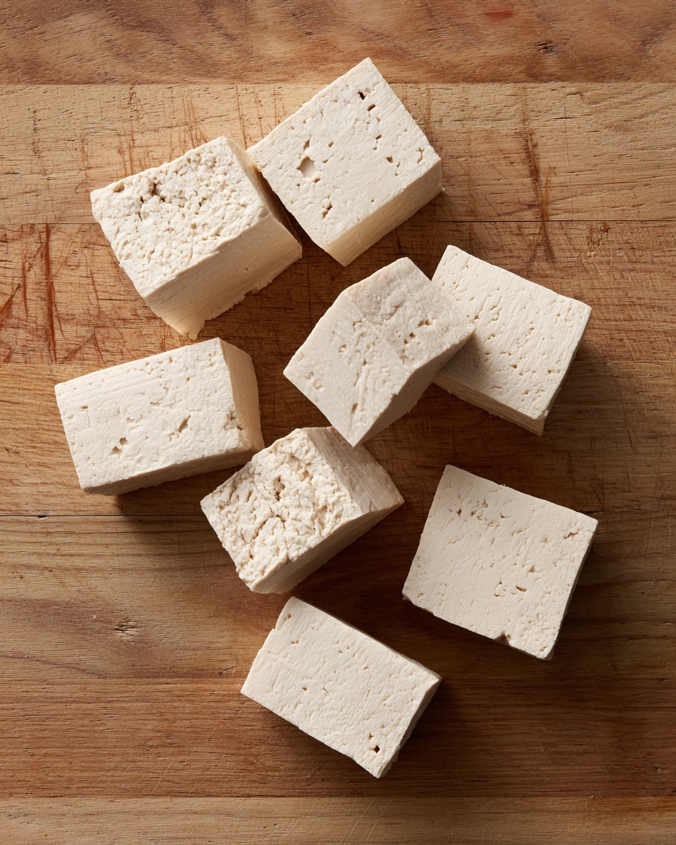 Eight pieces of light beige tofu, each shaped like a thick rectangle, are spread out unevenly on a wooden cutting board with a natural grain texture. The tofu pieces show small holes and slight uneven surfaces with soft edges, and one piece stands on its thinner side revealing a similar light beige color and texture. The background shows the wood's natural brown shades with faint marks from cutting. Photo taken with an iphone --ar 4:5 --v 7