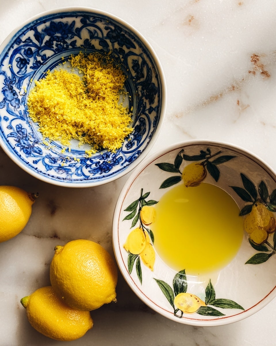 Two white bowls with colorful patterns sit on a white marbled surface. The bowl on the left has a blue floral design and contains small piles of bright yellow lemon zest spread inside. The bowl on the right is decorated with lemons and green leaves and holds a yellow liquid, likely lemon juice, filling the bottom in a thin layer. Photo taken with an iphone --ar 4:5 --v 7