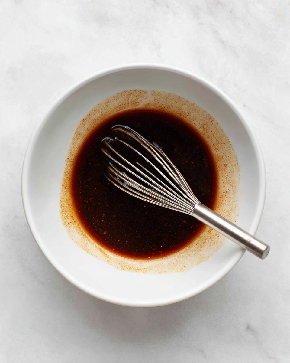 A white bowl with a smooth, shiny brown sauce spread inside, filling about the middle of the bowl and spreading out thinly to the edges with some splashes on the sides. In the center of the sauce, there is a small silver whisk resting flat, its thin wires visible and shiny. The bowl is placed on a white marbled surface, and there is soft lighting that creates a natural look. photo taken with an iphone --ar 4:5 --v 7
