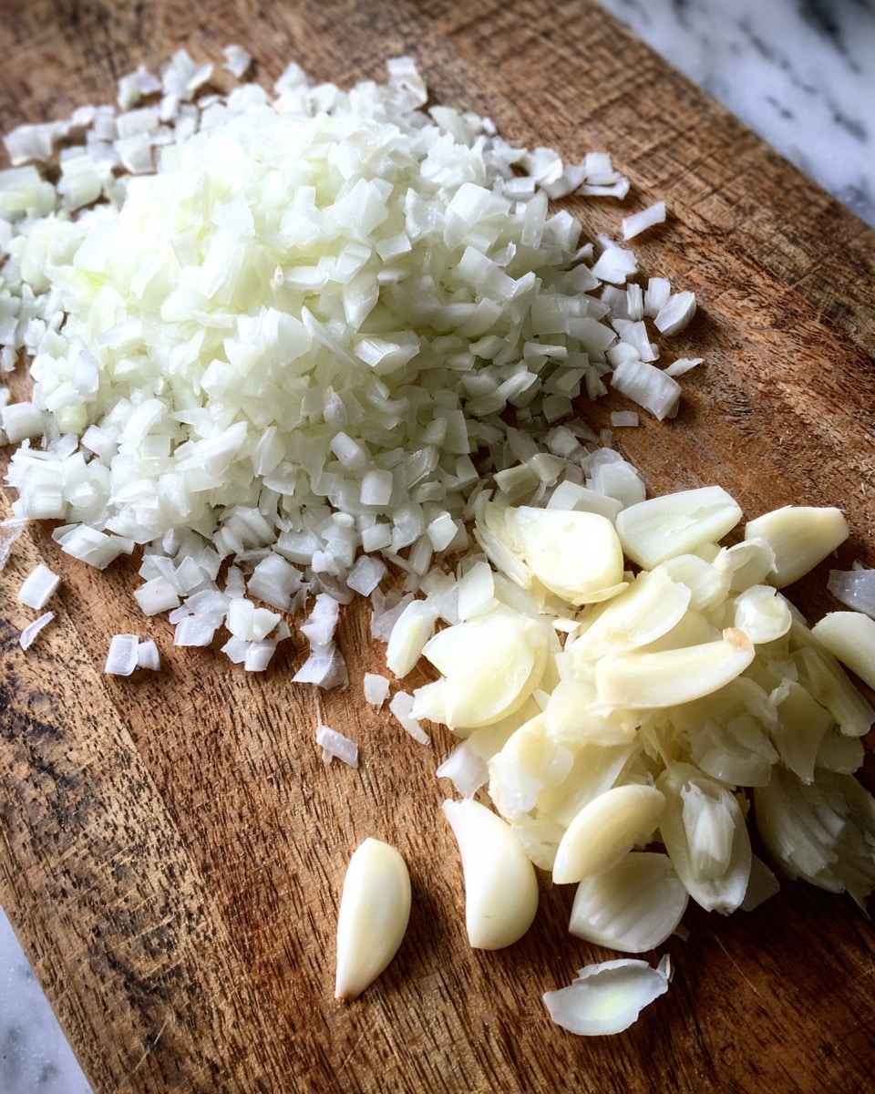 A wooden cutting board with a pile of small, chopped white onion pieces on the left side and a smaller pile of sliced garlic cloves on the right side, showing their pale white color and firm texture, with the board's detailed grain patterns clearly visible. The surface is a white marbled texture, photo taken with an iphone --ar 4:5 --v 7