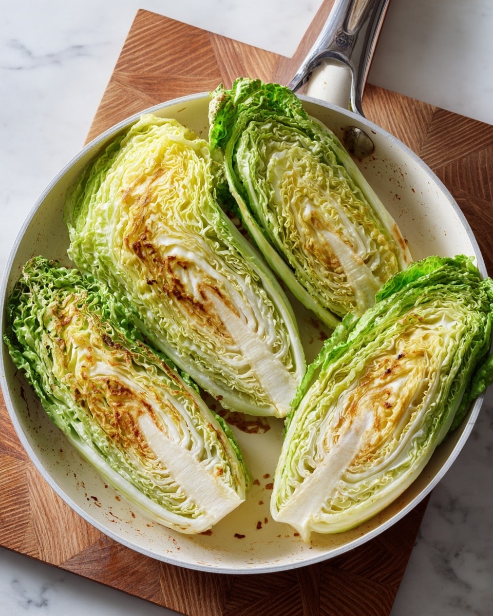 The left side of the image shows four large wedges of fresh cabbage with light green outer leaves and pale yellow-white inner leaves, placed on a wooden cutting board with a herringbone pattern. Each wedge reveals layers of tightly packed, textured cabbage leaves. On the right side, the same four cabbage wedges are now lightly cooked, with the outer green leaves still bright but the edges browned and crispy from frying. They rest in a white frying pan with a slightly stained surface, set on a white marbled background. The cabbage wedges are arranged in a circular pattern inside the pan, showing the contrast between the raw and cooked textures photo taken with an iphone --ar 4:5 --v 7