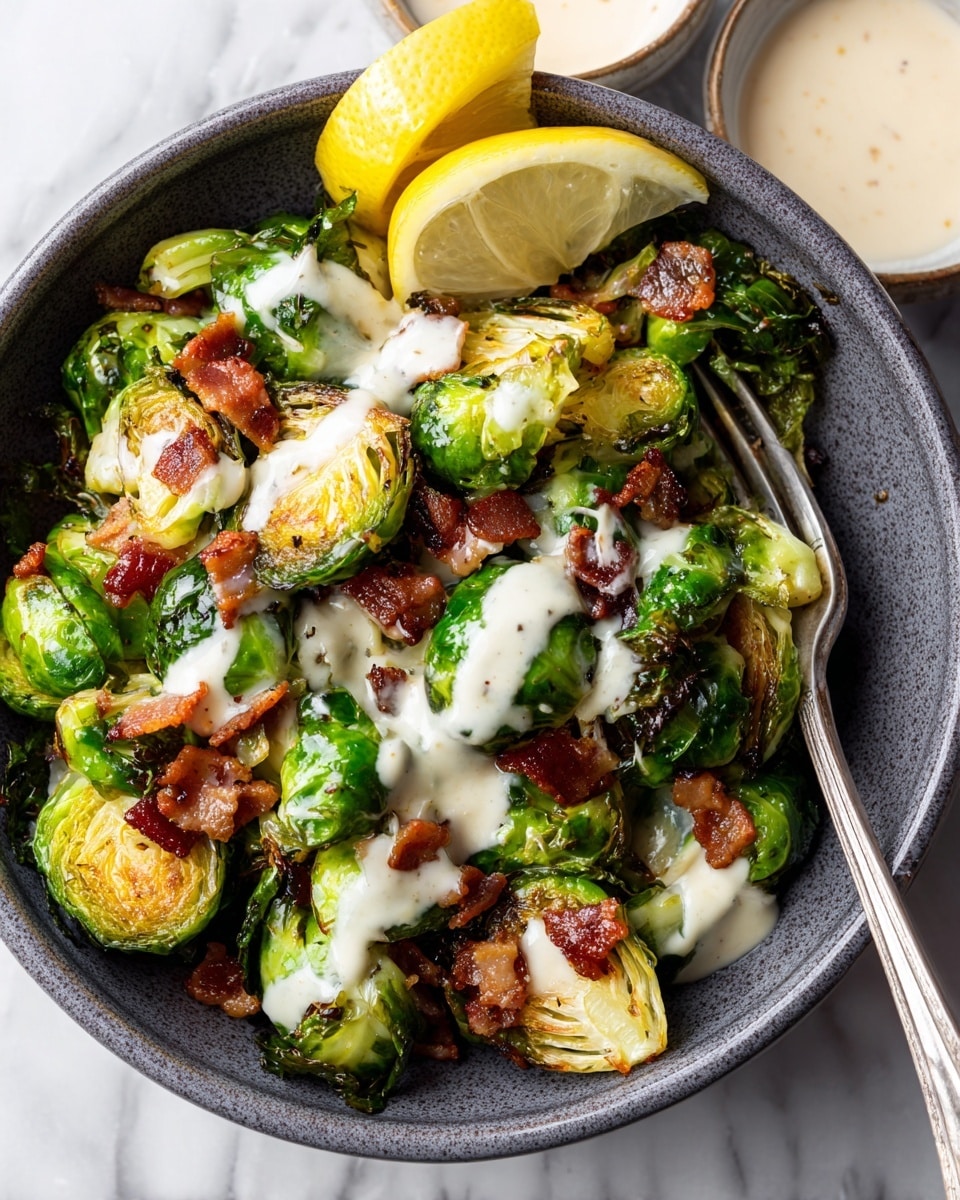 The image shows two side-by-side photos of Brussels sprouts on a white marbled textured surface. In the left photo, many small bright green Brussels sprouts and a few halved ones are spread out evenly, showing their tight leaves and fresh texture. In the right photo, the Brussels sprouts are roasted, turning a darker green with some brown, crisp edges. There are also some dark brown crispy loose leaves scattered among the sprouts. Both photos focus closely on the Brussels sprouts to highlight the before and after roasting look. Photo taken with an iphone --ar 4:5 --v 7