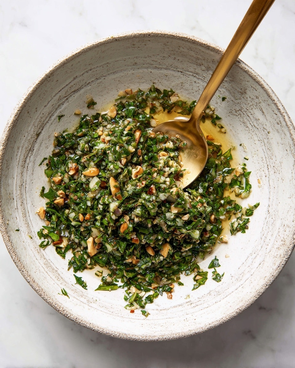 A white speckled bowl holds a mix of finely chopped green herbs, small light tan nut pieces, and bits of minced white garlic, all lightly coated in a shiny, slightly oily dressing. A golden spoon rests inside the bowl, partially covered by the herb mixture, with the spoon handle stretching outward to the edge of the bowl. The bowl sits on a white marbled surface. photo taken with an iphone --ar 4:5 --v 7