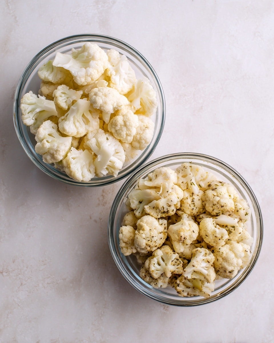 Two clear glass bowls are placed side by side on a white marbled surface. The left bowl holds plain white cauliflower florets with a firm texture, each piece distinct and fresh-looking. The right bowl shows the same cauliflower pieces, now coated in a light mixture of seasoning, giving them a slightly darker, creamy beige color with specks of herbs visible throughout. The cauliflower pieces are layered loosely, filling the bowls nearly to the top, highlighting the difference before and after seasoning photo taken with an iphone --ar 4:5 --v 7