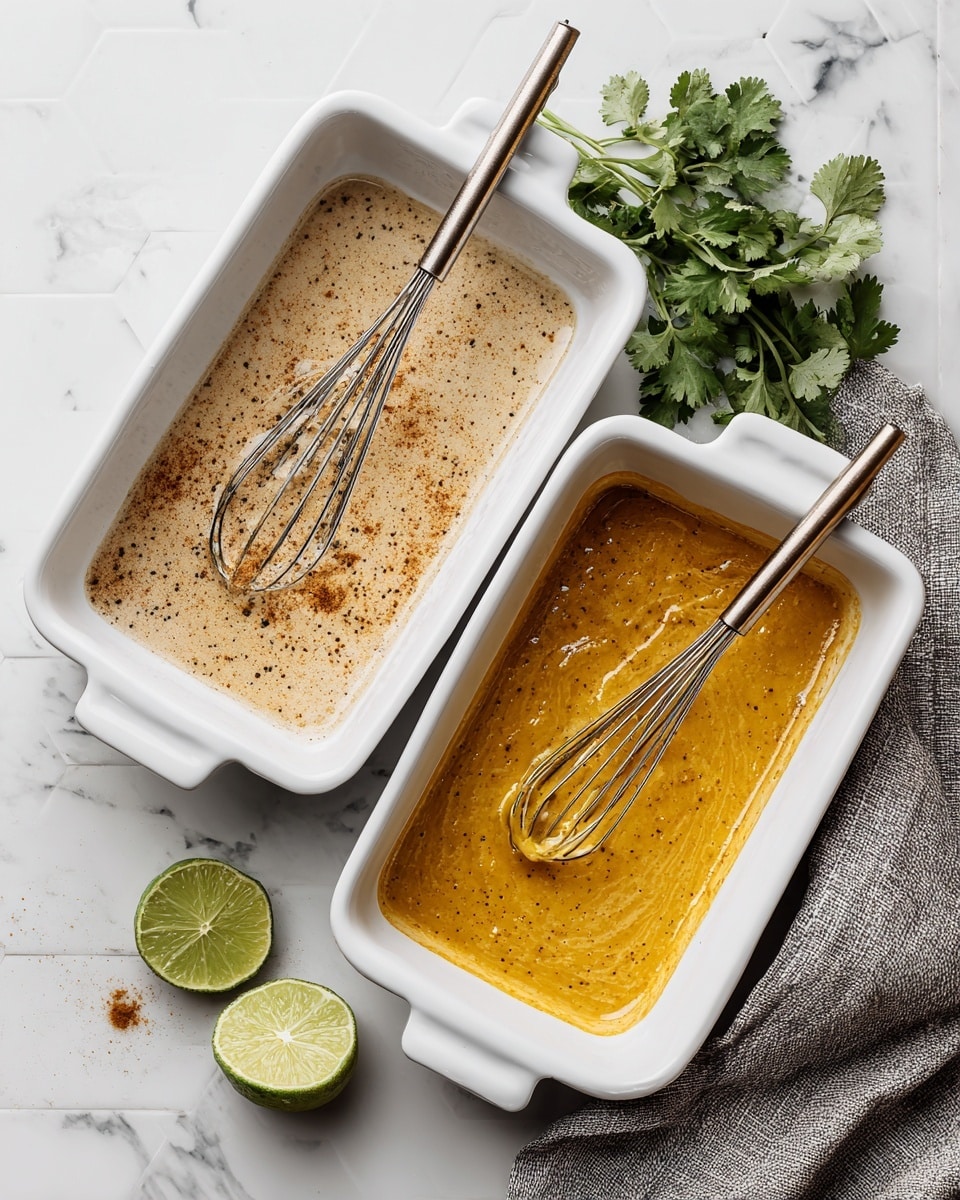 The image shows two white rectangular baking dishes side by side on a white marbled surface with a tile pattern design. In the left dish, there is a mixture being stirred with a metal whisk; the mixture has light beige and darker brown spots, implying spices or powders are being combined. The right dish displays a smooth, even layer of a golden-yellow batter or liquid, spread flat, still with a metal whisk resting inside. Above the dishes lies a bunch of green herbs and a halved lime, while a gray cloth is placed on the right side of both dishes. Photo taken with an iphone --ar 4:5 --v 7