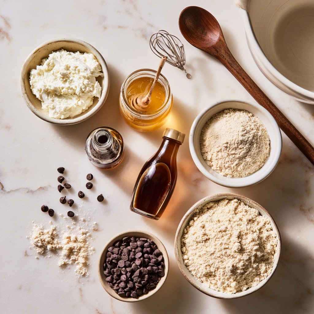 The image shows two side-by-side scenes on a white marbled surface. On the left, a clear food processor bowl contains a creamy white mixture swirled with a light brown swirl near the bottom. Next to it, there is a small white bowl filled with a fine, off-white powder and a dark spatula with a wooden handle laying nearby. On the right, a clear glass bowl holds two layers: a thick creamy white layer at the bottom and a beige powdery layer spread on top, with the same dark spatula partially inserted into the mixture. Scattered clusters of dark chocolate chips surround the bowls, and a grey cloth is draped under part of the bowls. The photo is taken with an iphone --ar 4:5 --v 7