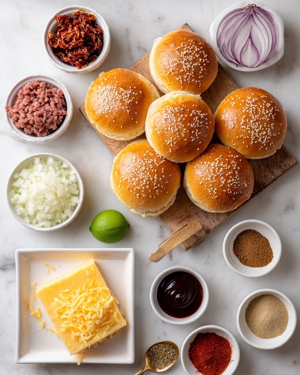 The image shows various ingredients arranged neatly on a white marbled surface, centered around a wooden board holding four sandwich buns with sesame seeds and a smooth, golden-brown top. Below the board is a square white plate with a slice of yellow and white cheese with a marbled pattern. Nearby, there are small white bowls: one filled with finely chopped onions, another with raw ground beef, one with creamy mayonnaise, and another with dark barbecue sauce. Additional small bowls contain minced garlic, chopped sun-dried tomatoes, and several different powdered spices including a bright red powder, a beige fine powder, and a greenish-brown powder. A half lime and a gold spoon with a small amount of seasoning rest on the surface. The layout is clean and organized. Photo taken with an iphone --ar 4:5 --v 7