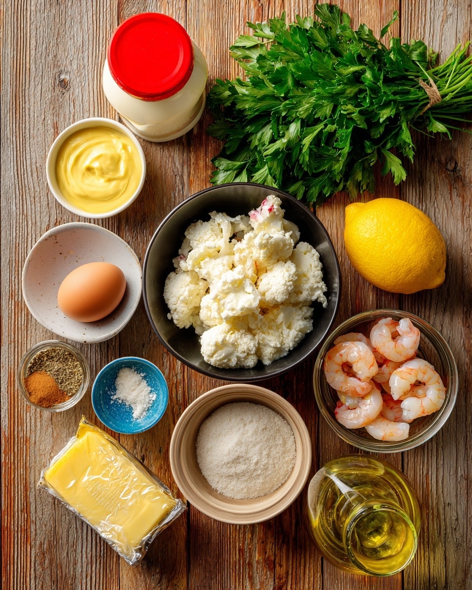 The image shows a wooden table surface with several ingredients arranged neatly: a black bowl filled with white crab meat, an egg, a bunch of fresh green parsley, a bright yellow lemon, a small white bowl containing a mix of spices, a tall white container of bread crumbs with a red lid, a large white jar of real mayonnaise with a yellow lid, a small blue bottle of Dijon mustard, a clear glass bowl with raw shrimp, a gold package of salted butter, and a clear bottle of olive oil with a white cap and dropper. The scene is clear and well-lit, with everything easy to see photo taken with an iphone --ar 4:5 --v 7