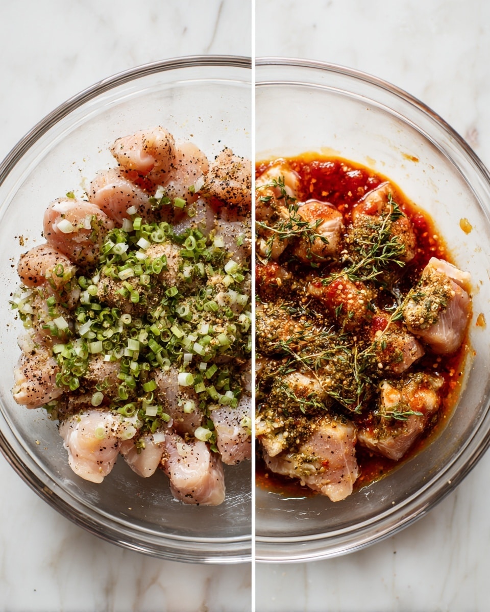 In the first image, a clear glass bowl sits on a white marbled surface, filled with many pieces of raw light pink chicken topped with various seasonings. These include green chopped spring onions scattered over the chicken, dark black pepper sprinkled widely, bright red sauce on one side, and scattered green herbs like thyme placed mostly in the middle and around the chicken. In the second image, the same bowl shows the chicken mixed and coated evenly in the seasonings and sauces, making the pieces look moist with a slightly sticky texture, the green herbs and onions still visible and spread throughout the bowl. Photo taken with an iphone --ar 4:5 --v 7