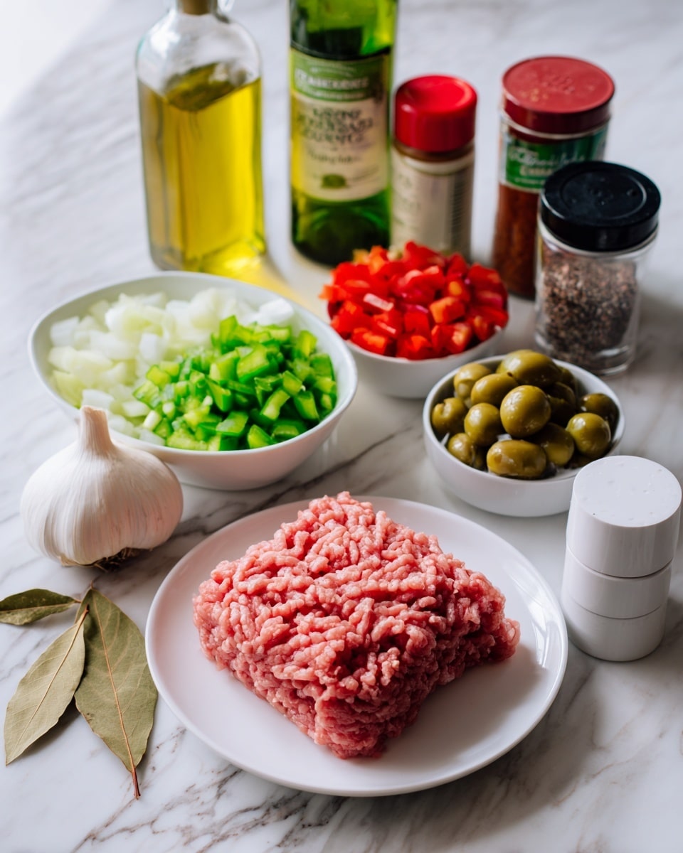 The image shows a white plate on a white marbled surface holding a block of raw ground meat with a pink and red color and soft texture. Next to the plate, a white bowl contains three layers of chopped vegetables: bright green chopped bell peppers on the left, white chopped onions on the top right, and bright red chopped bell peppers on the bottom right. Surrounding these are several items: a garlic bulb with white papery skin, two dried brown bay leaves, a jar of green olives with a brownish color, and a red box of raisins. Behind them stand bottles and cans including a green bottle of olive oil, a light yellow bottle of Chardonnay wine, a small can of red tomato sauce, and three spice containers with green, black, and red lids. To the right, there are two white round containers labeled salt and pepper stacked on each other. The background surface is white marble. photo taken with an iphone --ar 4:5 --v 7