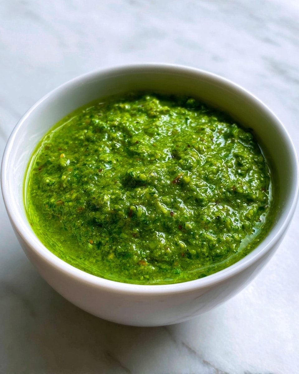 A close-up of a white bowl filled with bright green sauce that has a coarse, slightly chunky texture with small bits visible throughout. The sauce covers the entire inside of the bowl in an even layer. The background is a white marbled surface. photo taken with an iphone --ar 4:5 --v 7
