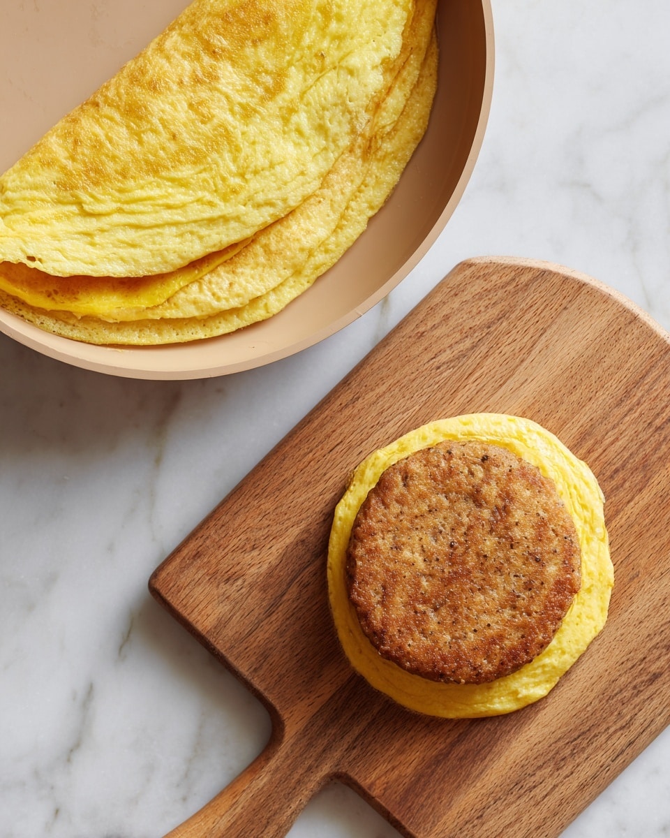 A white plate holds three golden brown patties stacked slightly on each other, showing a crispy texture on top. Behind the plate is a metallic bowl filled with white flour with a small dip in the center. Two white eggs rest beside the bowl near two yellow rectangular slices that look like cheese. To the left of the plate is a clear glass filled with white milk, and in front of it is a small white cup containing a dark amber liquid. All items rest on a white marbled surface. photo taken with an iphone --ar 4:5 --v 7