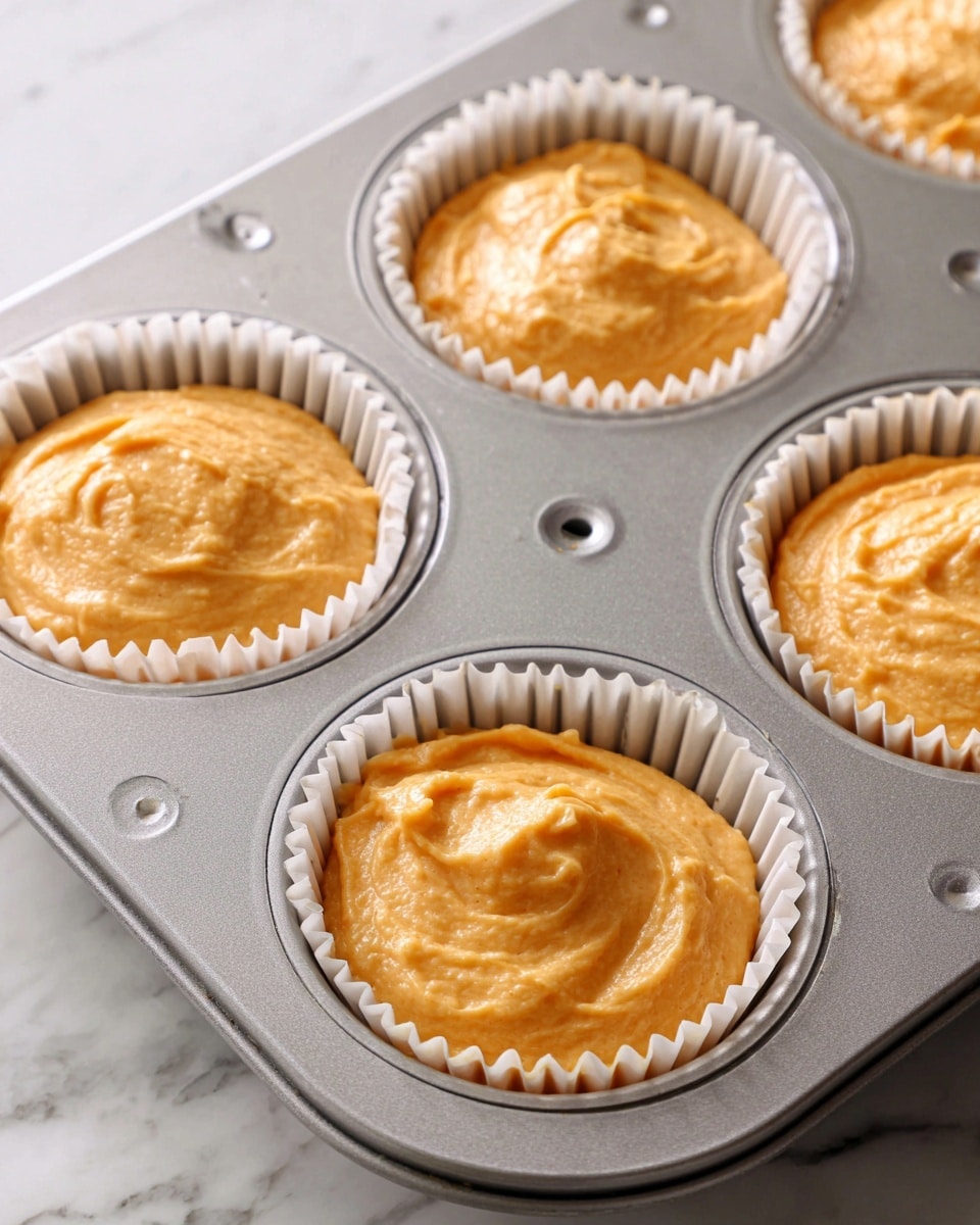 The image shows four cupcake liners filled with light orange batter in a silver muffin tray. The batter looks thick and smooth with some slight swirls on top. The tray is placed on a white marbled surface, and you can see the round holes and ridges of the tray around the liners. The cupcake liners are white with a slightly crinkled texture. photo taken with an iphone --ar 4:5 --v 7