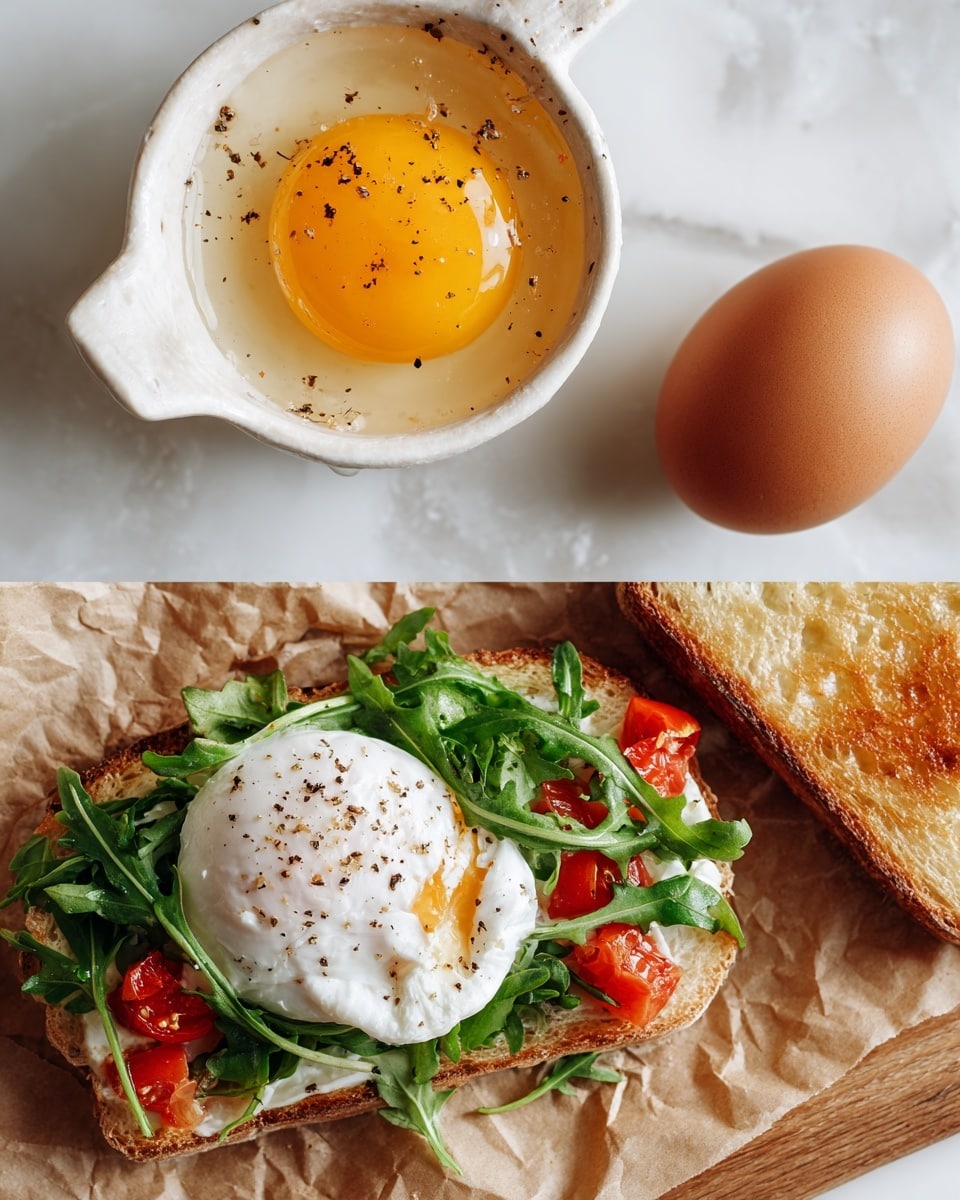 The image shows two scenes stacked vertically on a white marbled background. The top scene has a white handheld strainer holding a cracked raw egg, with the clear egg white around the bright yellow yolk inside the strainer, and a whole brown egg next to it on the surface. The bottom scene features an open-faced sandwich on brown parchment paper placed on a wooden board. The sandwich includes a base layer of green leafy arugula, small red tomato pieces, a layer of white creamy cheese, topped with a white poached egg sprinkled with black pepper, beside a single slice of toasted white bread with golden-brown crust photo taken with an iphone --ar 4:5 --v 7