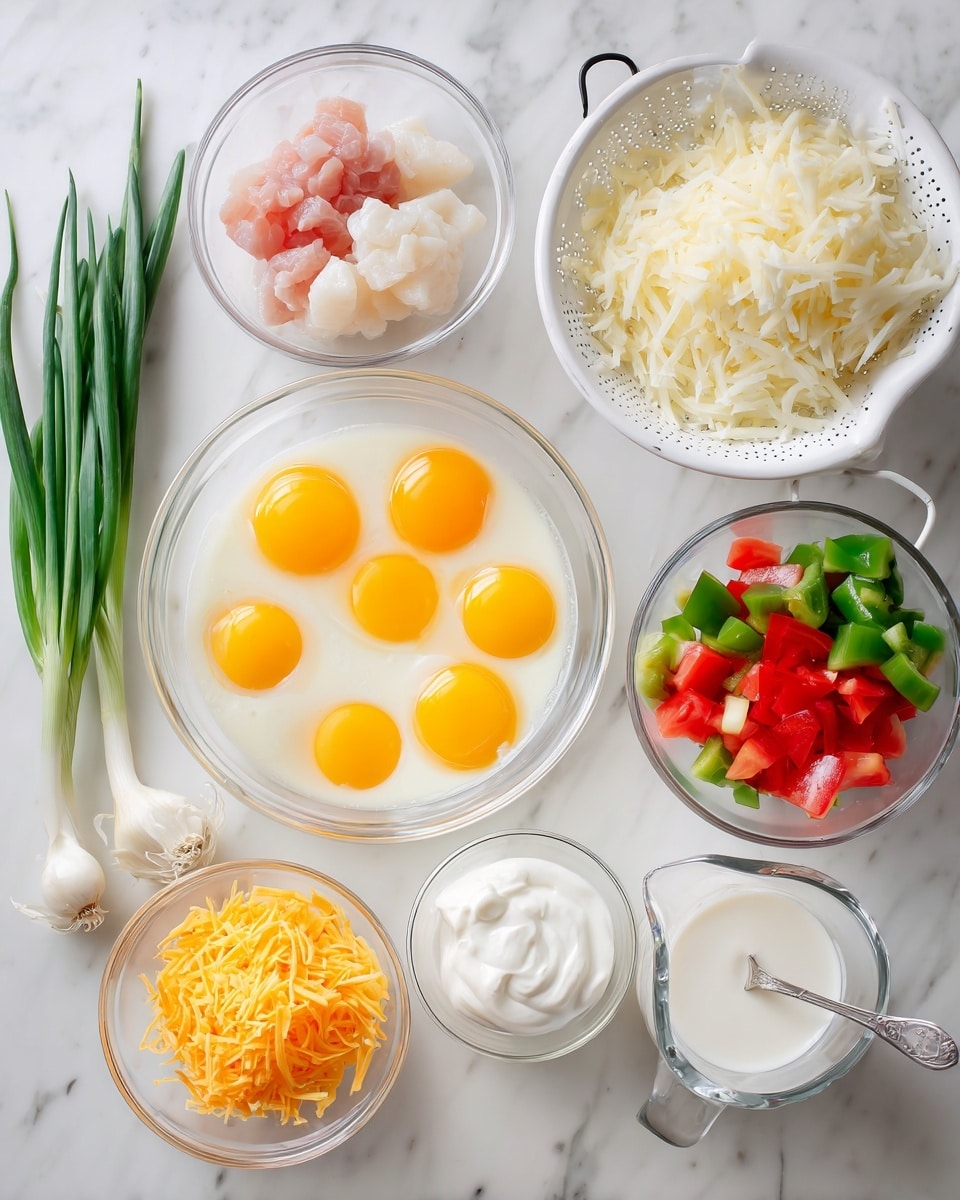 The image shows a step-by-step cooking process in four parts, starting with a close-up of cooked browned meat pieces in a silver pan with a wooden spatula. Next, there is a clear glass bowl with a mix of light yellow beaten eggs, shredded orange cheese, and diced red and green bell peppers, with a metal whisk inside. The third part shows the glass bowl with the egg mixture and added cooked browned meat pieces on top, alongside some shredded cheese and diced bell peppers, with a wooden spatula resting inside. Finally, the fourth part presents the same bowl with all ingredients mixed together, showing a creamy texture with the meat, cheese, egg, and diced peppers well combined, with a wooden spatula stirring. The whole set is placed on a white marbled surface. photo taken with an iphone --ar 4:5 --v 7