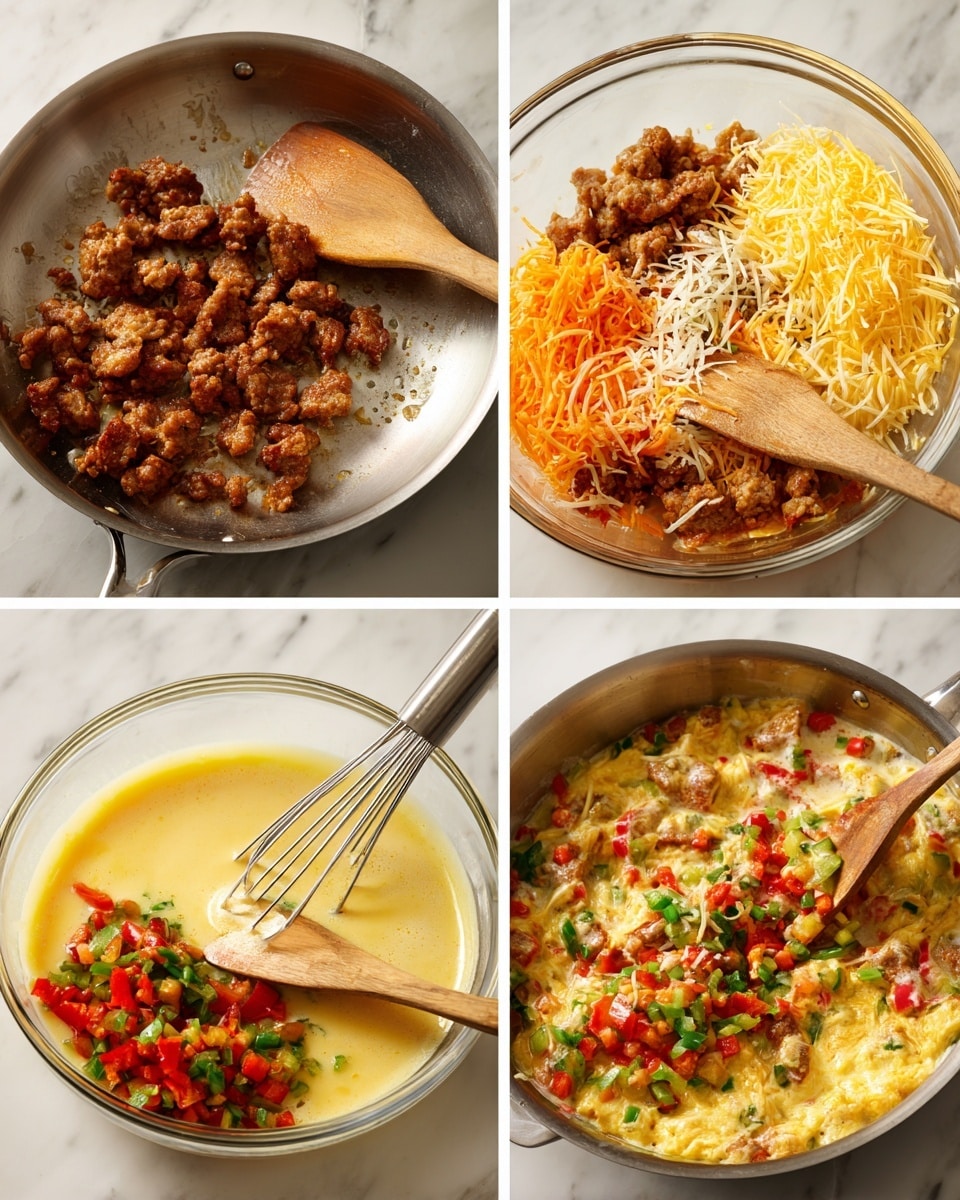 The image shows a white baking dish filled with a baked casserole cut into squares. The top layer is golden yellow melted cheese with a slightly browned edge. Beneath the cheese are visible pieces of green and red bell peppers scattered throughout, with small bits of browned meat and finely chopped green onions on the surface. The texture appears soft and creamy with a slightly crispy border. The dish rests on a white marbled surface. Photo taken with an iphone --ar 4:5 --v 7