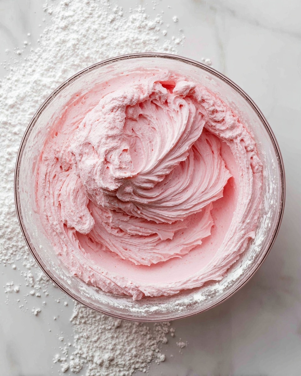 A clear glass bowl sits on a white marbled surface, filled with a thick, fluffy layer of light pink frosting that has a creamy texture with swirled peaks and small ridges, showing where it has been mixed; around the edges of the bowl, there is a light dusting of white powdered sugar. photo taken with an iphone --ar 4:5 --v 7