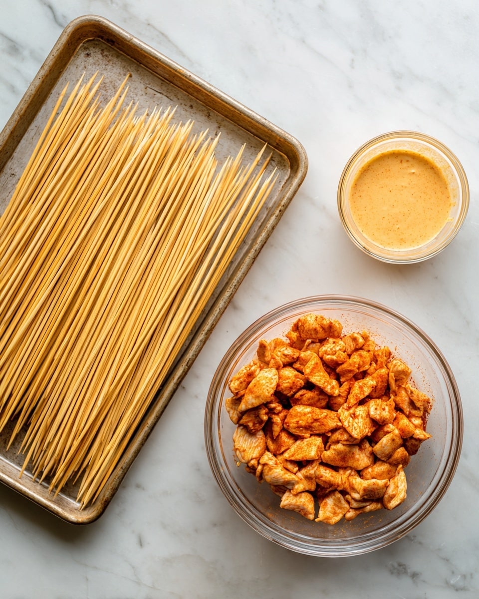 The image shows three main parts arranged on a white marbled surface: on the left is a metal baking tray filled with many long light yellow wooden skewers standing upright; to the right of the tray, there is a clear round glass bowl filled with small pieces of raw chicken coated in a reddish-orange spice mix; above the bowl, there is a small clear glass container holding a creamy light orange sauce with a smooth texture. photo taken with an iphone --ar 4:5 --v 7