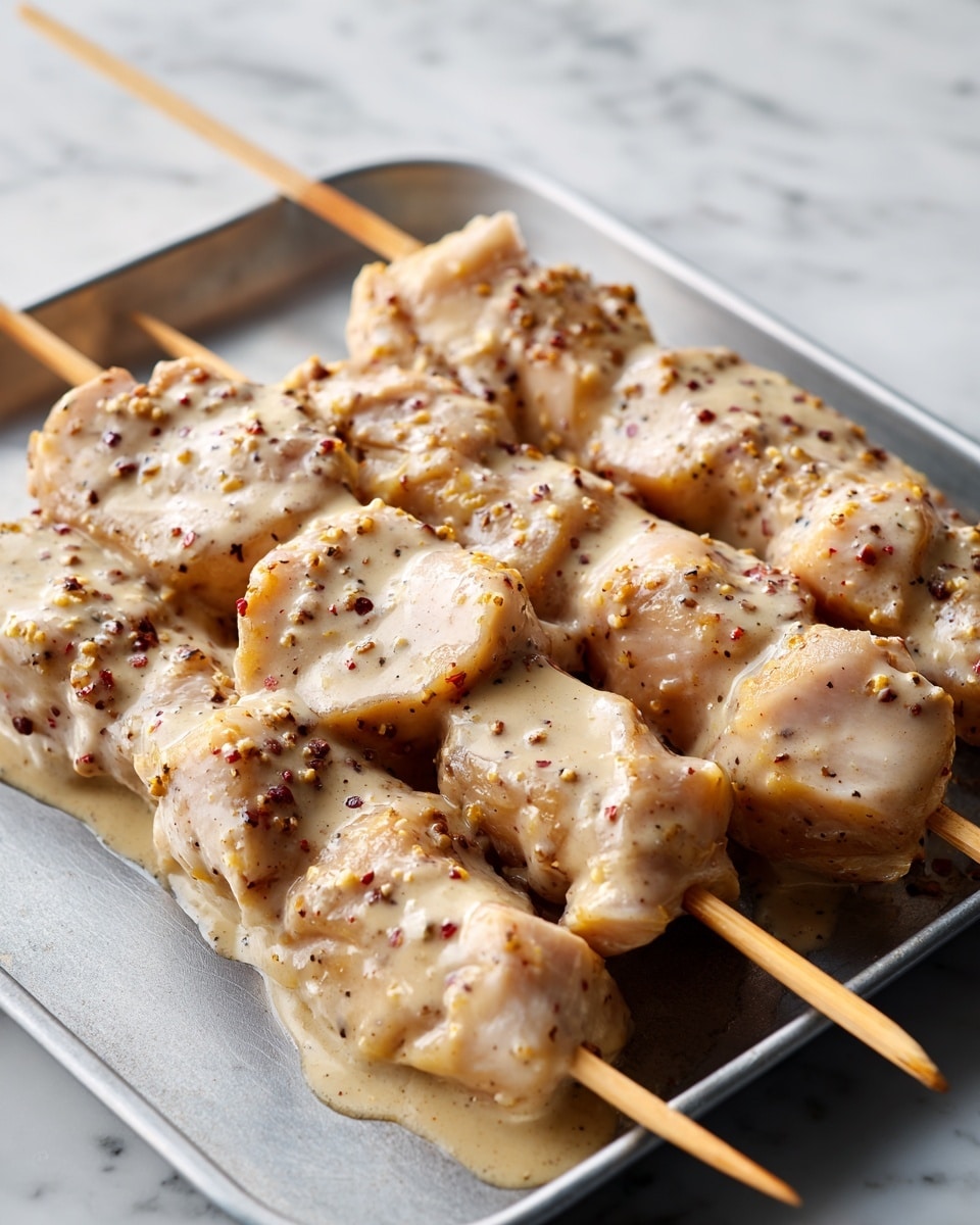 There are five wooden skewers with large pieces of raw chicken coated in a creamy, light beige sauce with visible specks of seasoning. The chicken pieces are layered closely together, showing a mix of smooth and slightly rough textures from the sauce and chicken. The skewers are placed side by side on a metal tray with a simple, gray surface. The tray rests on a white marbled texture. The photo taken with an iphone --ar 4:5 --v 7