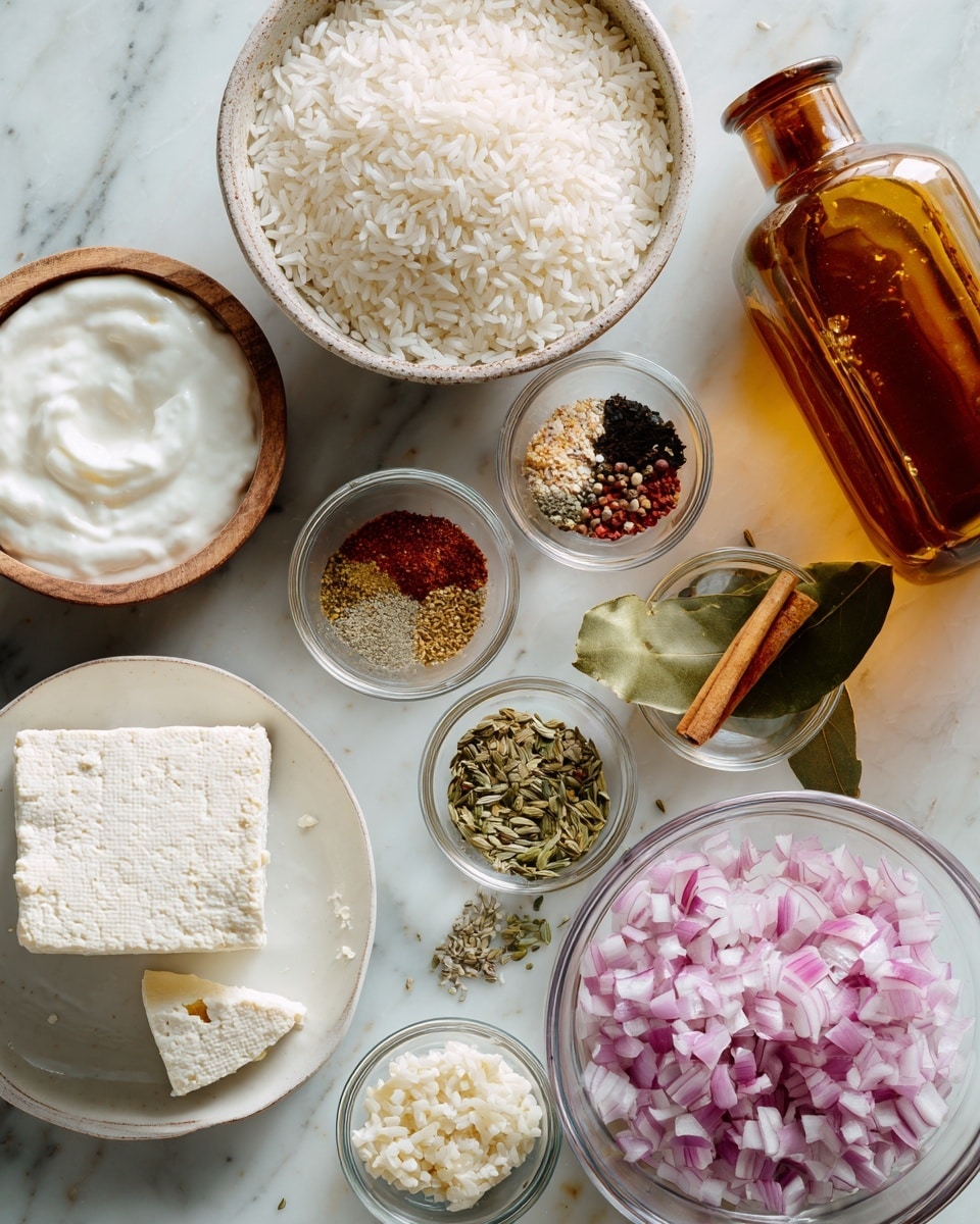 The image shows a group of clear glass bowls and a small white square plate arranged on a white marbled surface. At the bottom left, a block of tofu with a small piece broken off sits on the white plate. To the left, a bowl with white yogurt cream is visible. Above the plate, a bowl filled with uncooked white rice grains is placed. To the right of the rice, a bowl contains finely chopped red onions with a purple and white texture. Several other small clear bowls hold different spices: one with a mix of red, white, and black powders, one with a mix of dried green seeds, another with a cinnamon stick and two bay leaves, and a bowl of minced or crushed garlic. A large amber-colored glass bottle stands to the far right. photo taken with an iphone --ar 4:5 --v 7
