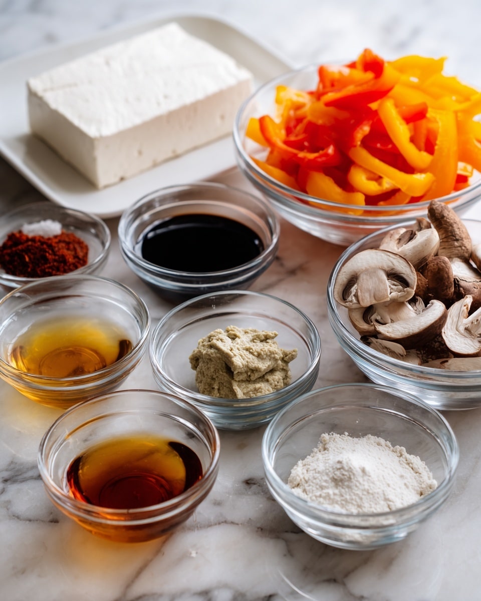 The image shows multiple small clear glass bowls arranged on a white marbled surface, each holding different ingredients. Starting from the left, there is a white rectangular block of tofu on a small white plate. Near it, there are two bowls with a dark red sauce and a salt-like white powder. In front, a bowl contains a light amber liquid, and next to it, a small bowl has a green and beige paste. Behind is a bowl with black soy sauce. To the right, there is a bowl filled with chopped orange and yellow bell peppers, and next to it, a bowl with sliced brown mushrooms. Finally, in front of the mushrooms, a bowl holds white powdery content. The arrangement is neat and ingredients ready for cooking. photo taken with an iphone --ar 4:5 --v 7