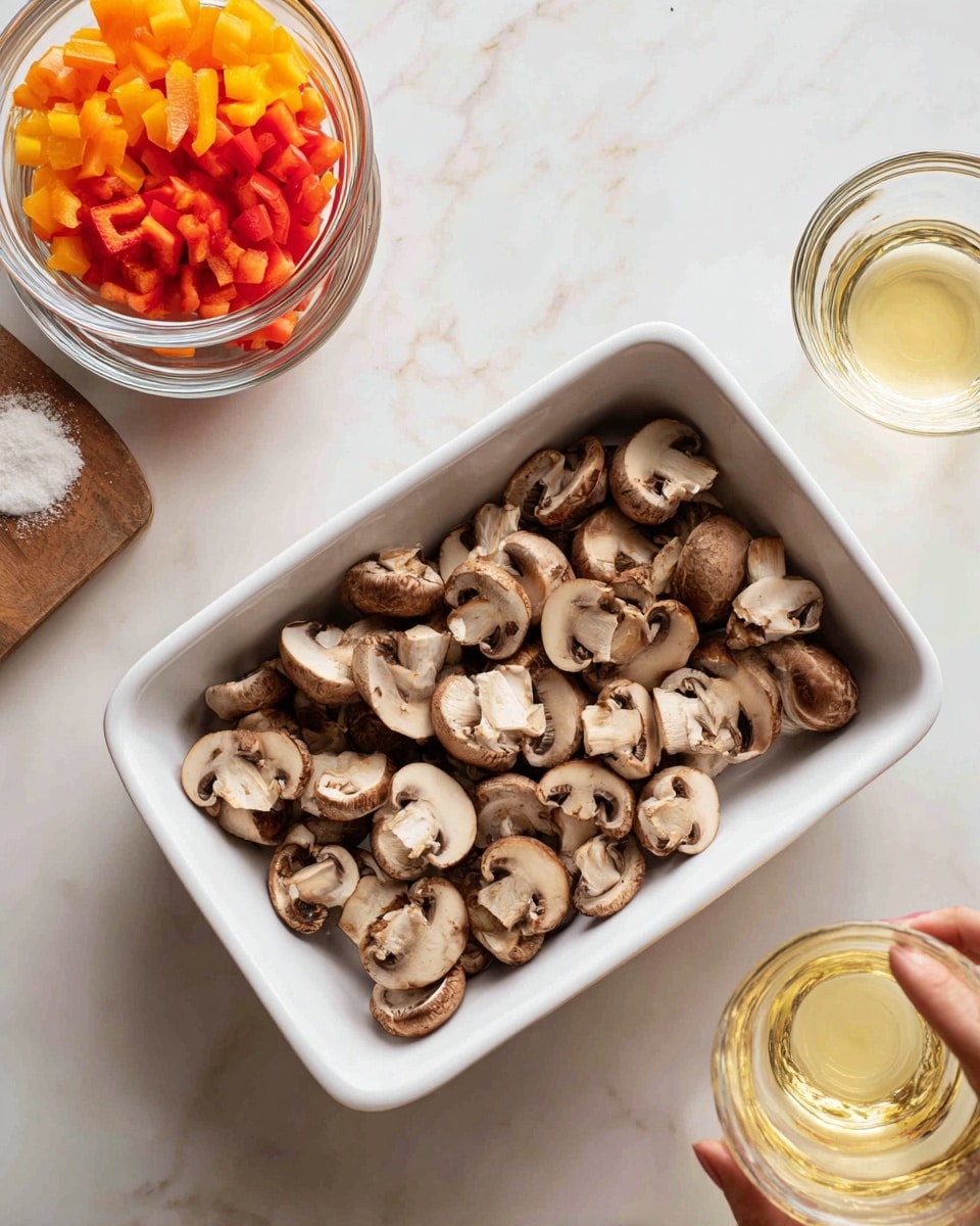 A white rectangular dish filled with one layer of sliced brown mushrooms with white centers, spread evenly across the bottom. To the left on a white marbled surface, there are two small clear glass bowls stacked inside each other; one contains finely chopped red, orange, and yellow bell peppers, and the other has a white powder. On the right side, a woman's hand is holding a clear glass bowl with a pale yellow liquid, about to pour it over the mushrooms. Photo taken with an iphone --ar 4:5 --v 7