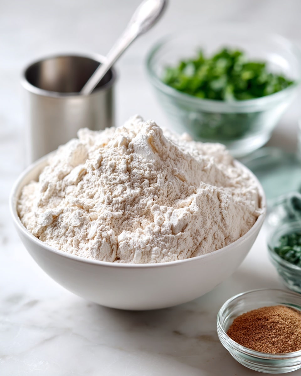 A white bowl filled with a mound of pale flour sits on a white marbled surface. Behind it, there are three small containers: one metal container with a spoon, one small glass bowl with some green chopped herbs, and another small glass bowl containing a small amount of brown powder. The scene is set in a bright kitchen with soft natural light. photo taken with an iphone --ar 4:5 --v 7