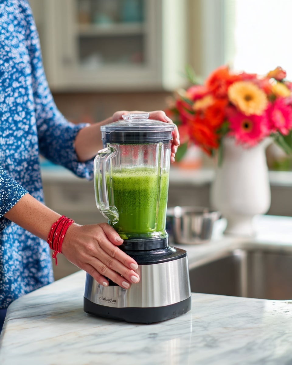 A clear blender container filled with bright green, partially blended leafy mixture sits on a black and silver Nutribullet blender base, positioned on a white marbled kitchen countertop. A woman's hand wearing a red string bracelet and a blue patterned shirt operates the blender, gently holding the container lid. In the background, there is a white vase filled with vibrant red and orange flowers, adding a splash of color. The kitchen sink made of stainless steel is visible behind, alongside a small metal measuring cup on the counter. Photo taken with an iphone --ar 4:5 --v 7