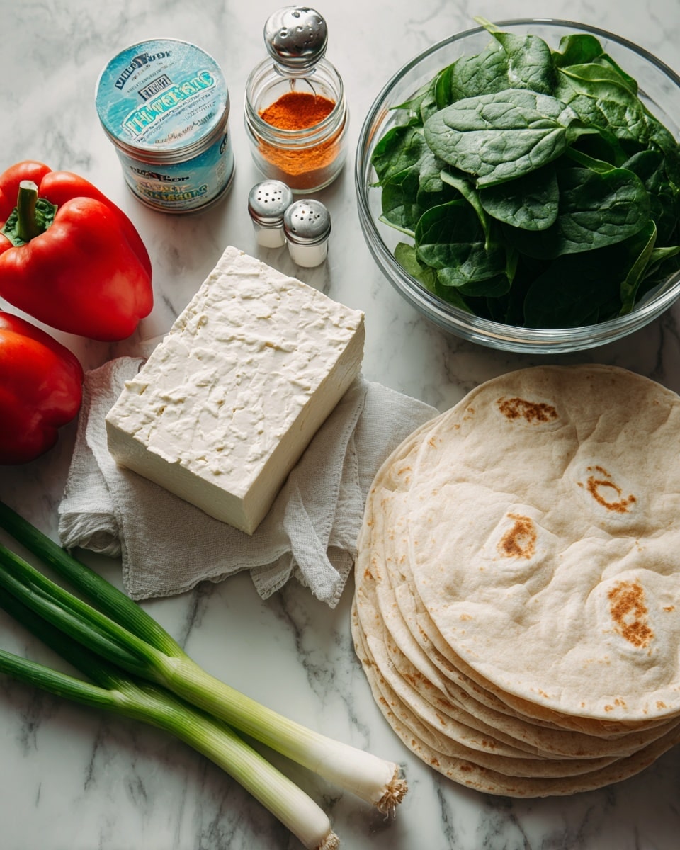 The image shows ingredients laid out on a white marbled surface, including a stack of six light beige tortillas on the right, a block of white tofu resting on a white cloth in the center, and a clear glass bowl filled with fresh dark green spinach leaves behind the tofu. To the left of the tofu are a bright red bell pepper, a clear salt shaker with white top, and three green spring onions. Behind the tortillas, there is a container of cream cheese with a light blue lid and a small clear jar with an orange powder. photo taken with an iphone --ar 4:5 --v 7