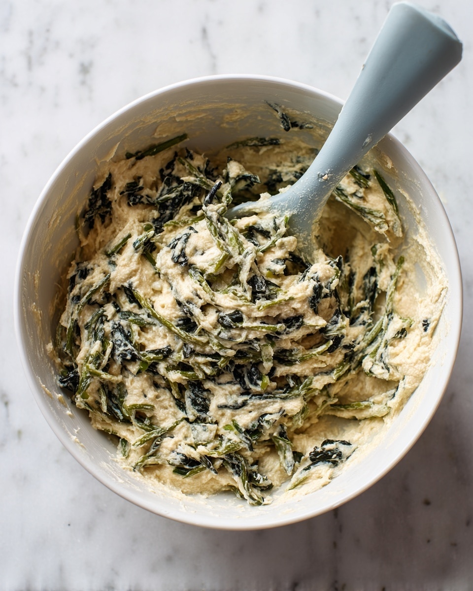 A white bowl sits on a white marbled countertop, filled with a mixture that has two main layers: a light beige creamy base and dark green leafy bits mixed evenly throughout. A pale blue spatula with a gray handle is resting in the bowl, coated with the same mixture. The texture looks soft and slightly thick, with chunks of green leaves breaking up the smooth beige layer. Photo taken with an iphone --ar 4:5 --v 7