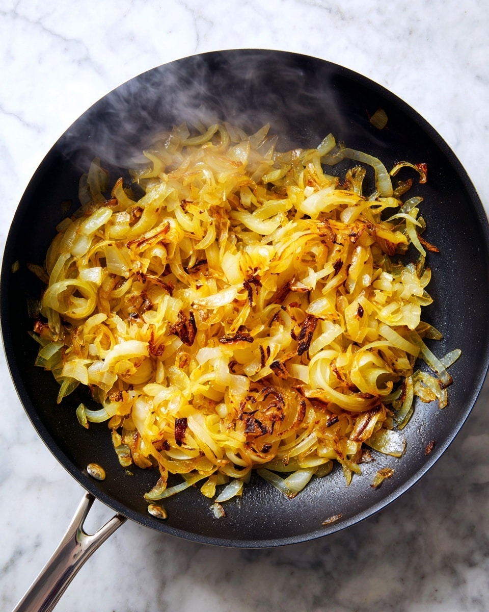 A black metal pan filled with caramelized yellow and light brown onion slices, some translucent and others browned and slightly crispy, spread unevenly over the pan surface, with bits of browned onion scattered around. Light steam rises from the pan, which sits on a white marbled surface. The handle of the pan is silver metal. photo taken with an iphone --ar 4:5 --v 7