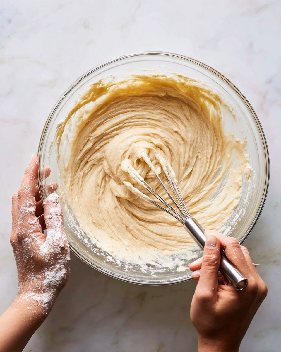 A clear glass bowl sits on a white marbled surface, holding a thick, creamy mixture that is light beige in color. A woman's hand stirs the mixture with a metal whisk, creating smooth, swirling patterns in the batter. The woman's other hand steadies the bowl, with fingers dusted in white flour. The batter is thick but appears smooth and soft. photo taken with an iphone --ar 4:5 --v 7