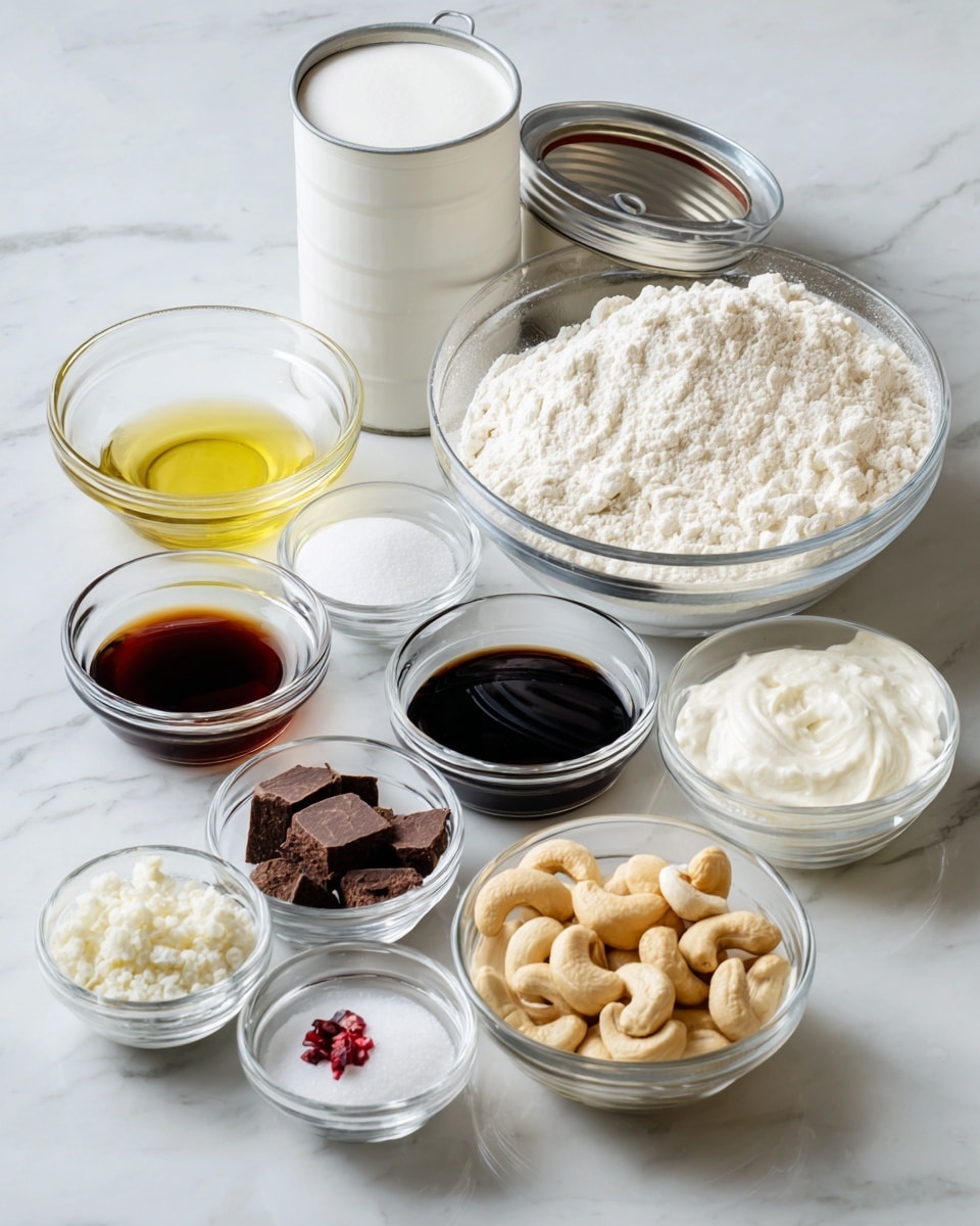 A collection of small clear glass bowls and one large clear bowl arranged on a white marbled surface, each filled with different ingredients. The large bowl in the middle contains white flour with a powdery texture. Around it, there are nine small bowls: white granulated sugar, light yellow liquid oil, white powder (likely baking powder), creamy white yogurt, dark brown liquid molasses, a mix of dark brown powder and white salt, small dark brown chocolate chunks, white granulated sugar, and a bowl with light beige cashew nuts with a few red flecks. A white tin can with a lifted lid sits behind the cashew bowl. The setting is bright and clear, suggesting a kitchen counter. Photo taken with an iphone --ar 4:5 --v 7