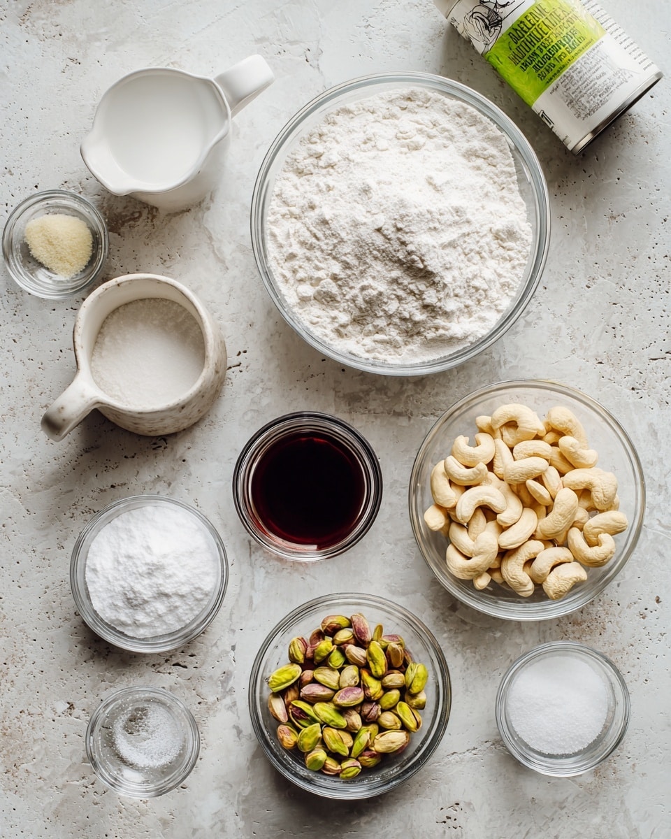 A collection of clear glass bowls and one white ceramic cup are arranged on a light gray speckled granite counter. The largest bowl holds white flour, placed near the center back. To its right, there is a glass bowl of soaked white cashews, and in front of it, a smaller bowl with shelled pistachios. In the middle, there is a small glass jar with dark brown syrup. The white ceramic cup on the left holds white sugar. Several smaller glass bowls are spread around the front, containing white granulated sugar, white powdered baking powder and baking soda mixture, fine white salt, lemon juice, and another white powder. Behind everything is a white can with a green label. The scene has a calm, soft natural light, on a white marbled textured surface photo taken with an iphone --ar 4:5 --v 7