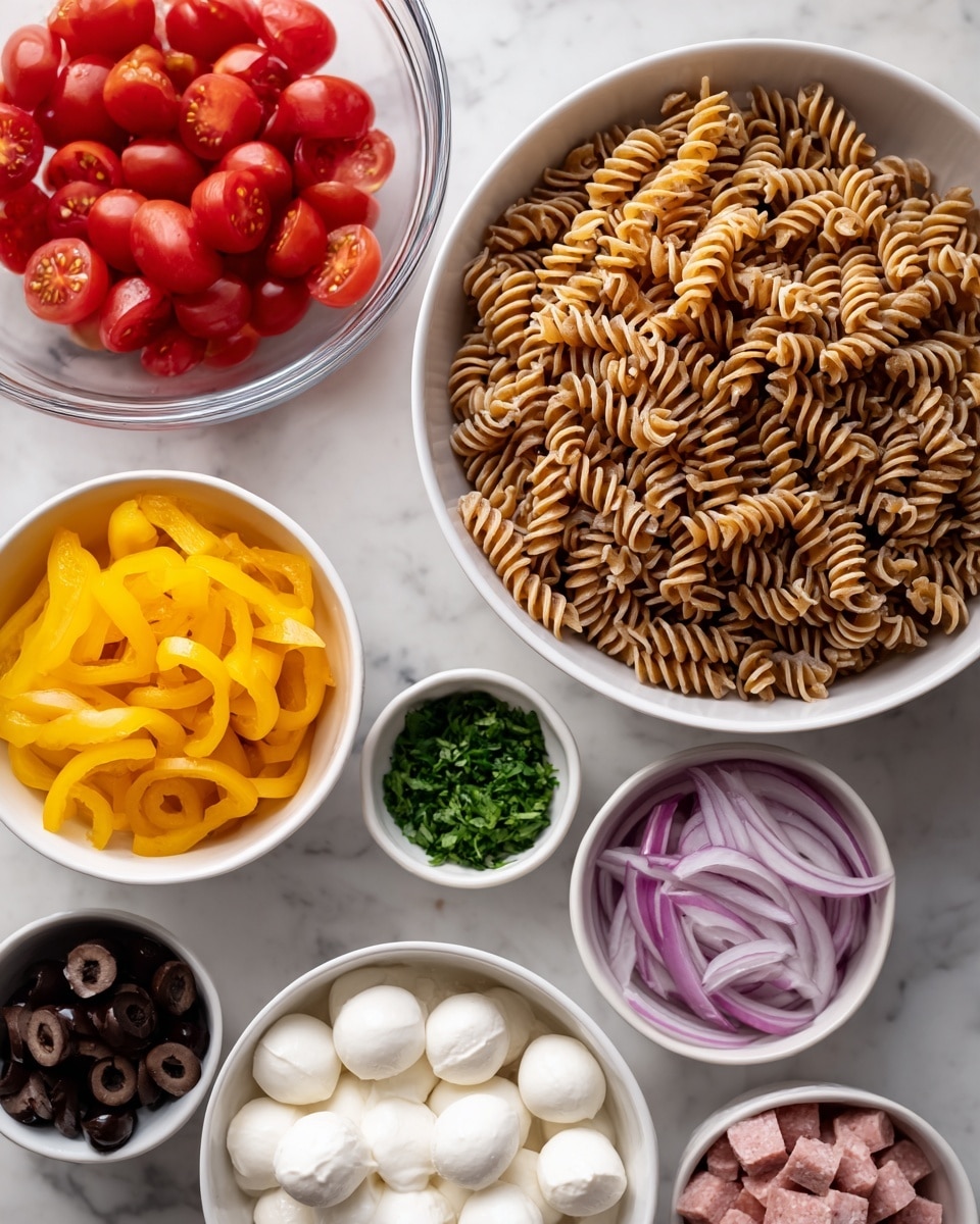 The image shows several white bowls on a white marble surface, each holding different ingredients. The largest bowl near the center is filled with dry brown rotini pasta. To the left, there is a clear glass bowl filled with halved bright red cherry tomatoes. Above the pasta, there is a small white bowl with chopped green herbs. Next to it is a white bowl with small white round mozzarella balls. Below the pasta on the left side is a white bowl with sliced yellow pepper rings. Around the yellow peppers and cherry tomatoes are two smaller white bowls, one with small diced pink sausage cubes and another with sliced dark black olives. The bottom left corner shows a small portion of sliced light purple onion. The bowls are neatly arranged on the smooth white marbled surface, well-lit by natural light, showing fresh, colorful ingredients. photo taken with an iphone --ar 4:5 --v 7