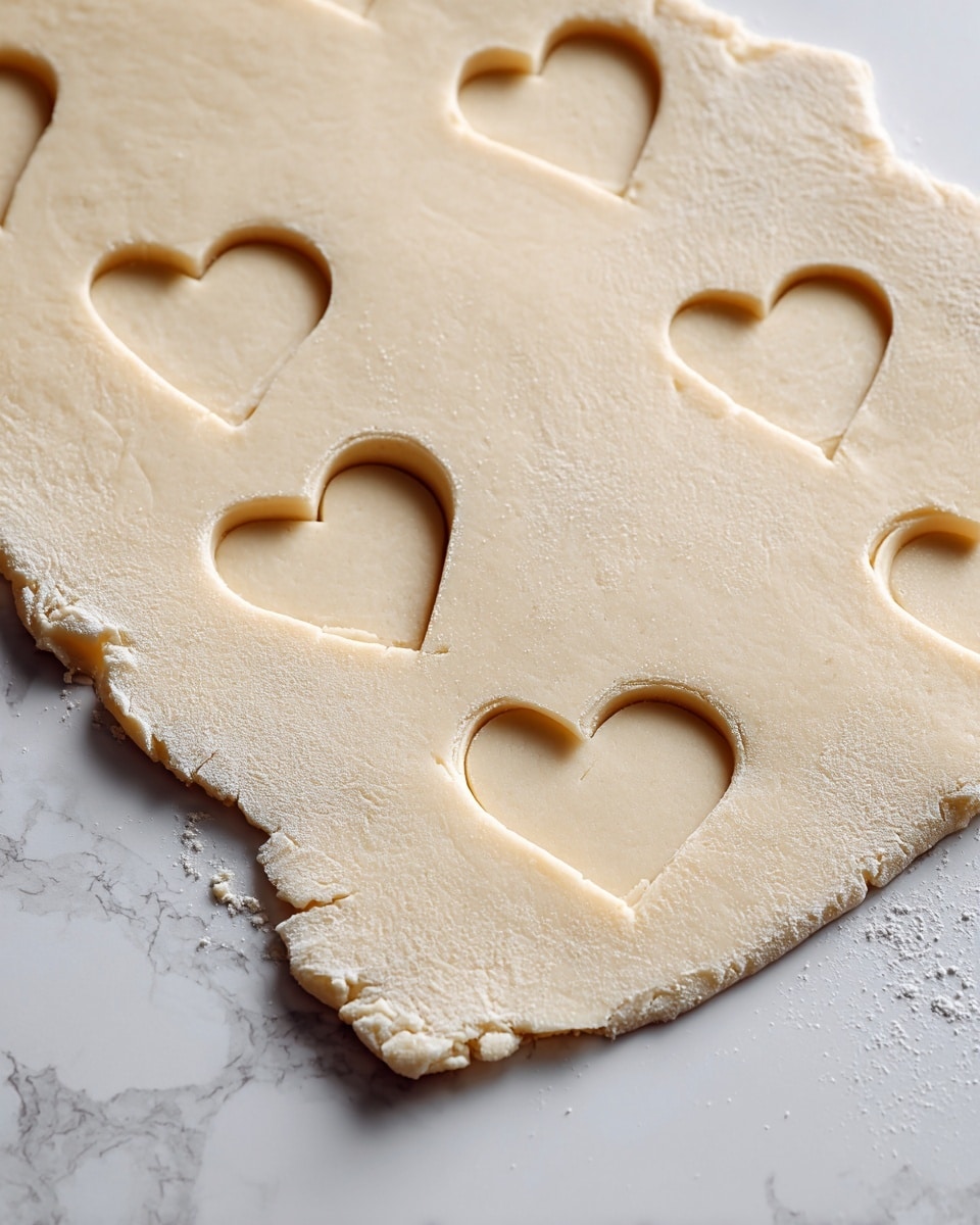 Light beige dough is rolled out flat on a white marbled textured surface, with several heart shapes cut out evenly spaced across it. The dough looks smooth with a slight matte finish, and the edges of the cut-out hearts are clean and precise. A small section of the dough sheet is missing on the left side, showing rough torn edges. The background is a smooth white marbled texture beneath the dough. photo taken with an iphone --ar 4:5 --v 7