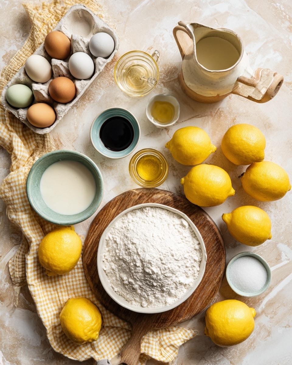 The image shows ingredients arranged on a white marbled texture surface. There is a white bowl filled with white flour on a round wooden board in the center right. Near the bowl are three bright yellow lemons, a clear measuring cup with golden liquid, a small white bowl with salt and baking soda, and a checkered yellow and white cloth. To the left of the board, there are six more bright yellow lemons scattered. Above them is a small blue bowl with dark vanilla extract, next to a speckled cream ceramic pitcher with milk. In the top left corner, a carton holds a dozen eggs of different shades, from brown to pale green and tan. In the lower middle of the image, there is an empty white bowl filled with white granulated sugar. photo taken with an iphone --ar 4:5 --v 7
