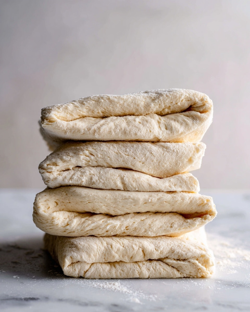 This image shows a stack of four soft, folded dough pieces placed vertically on a white marbled surface. Each dough piece has a pale cream color with a slightly rough and uneven texture, showing gentle folds and creases. The stack appears airy and light, with each piece layered loosely one on top of the other. The surface underneath is smooth and has subtle gray veins typical of white marble. photo taken with an iphone --ar 4:5 --v 7