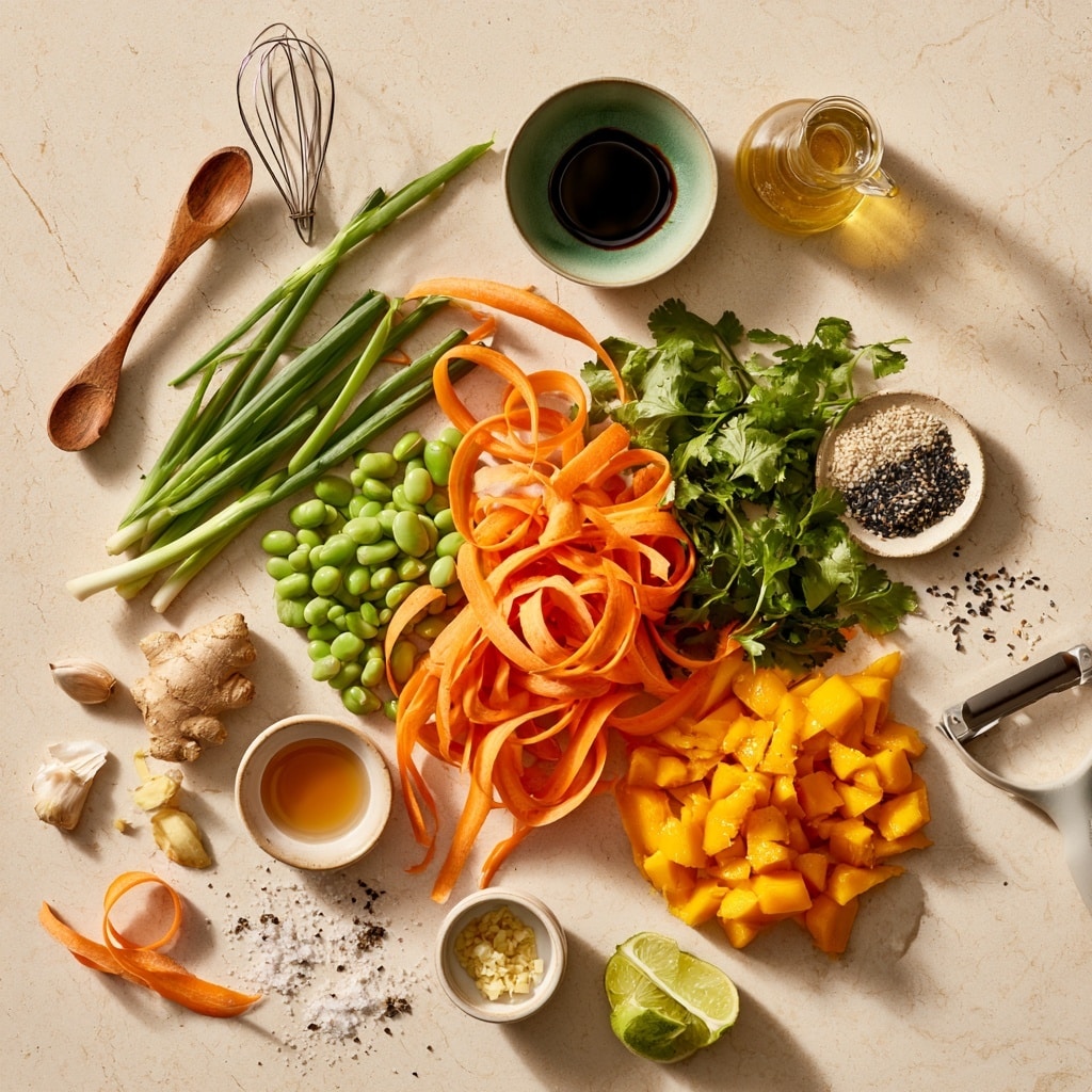 A white bowl filled with different fresh ingredients, layered carefully inside. At the bottom, there are long, thin orange carrot ribbons curling loosely on one side. Next to the carrots, bright green edamame beans form a neat pile in the center. On the opposite side, there are small yellow cubes of mango that look juicy and fresh. Above the mango, there are chopped green herbs and a sprinkle of chopped green onions. A light brown sauce is being poured into the bowl from a white small jug held by a woman's hand. The bowl is placed on a white marbled surface, with sunlight casting soft shadows. Photo taken with an iphone --ar 4:5 --v 7