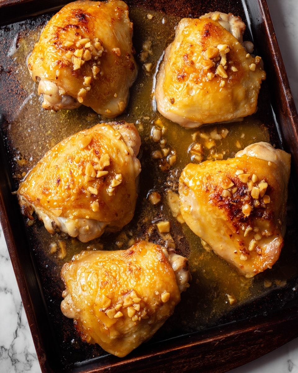 The image shows a close-up of four cooked chicken thighs on a dark baking tray. Each chicken piece is covered with a golden-brown sauce that has small bits of garlic scattered on top. The sauce looks glossy and slightly thick, pooling a bit around each chicken piece. The chicken has a light, crispy texture on the edges and a juicy inside, with a warm yellow and light brown color. The baking tray sits on a white marbled surface, adding contrast to the warm colors of the chicken and sauce. photo taken with an iphone --ar 4:5 --v 7