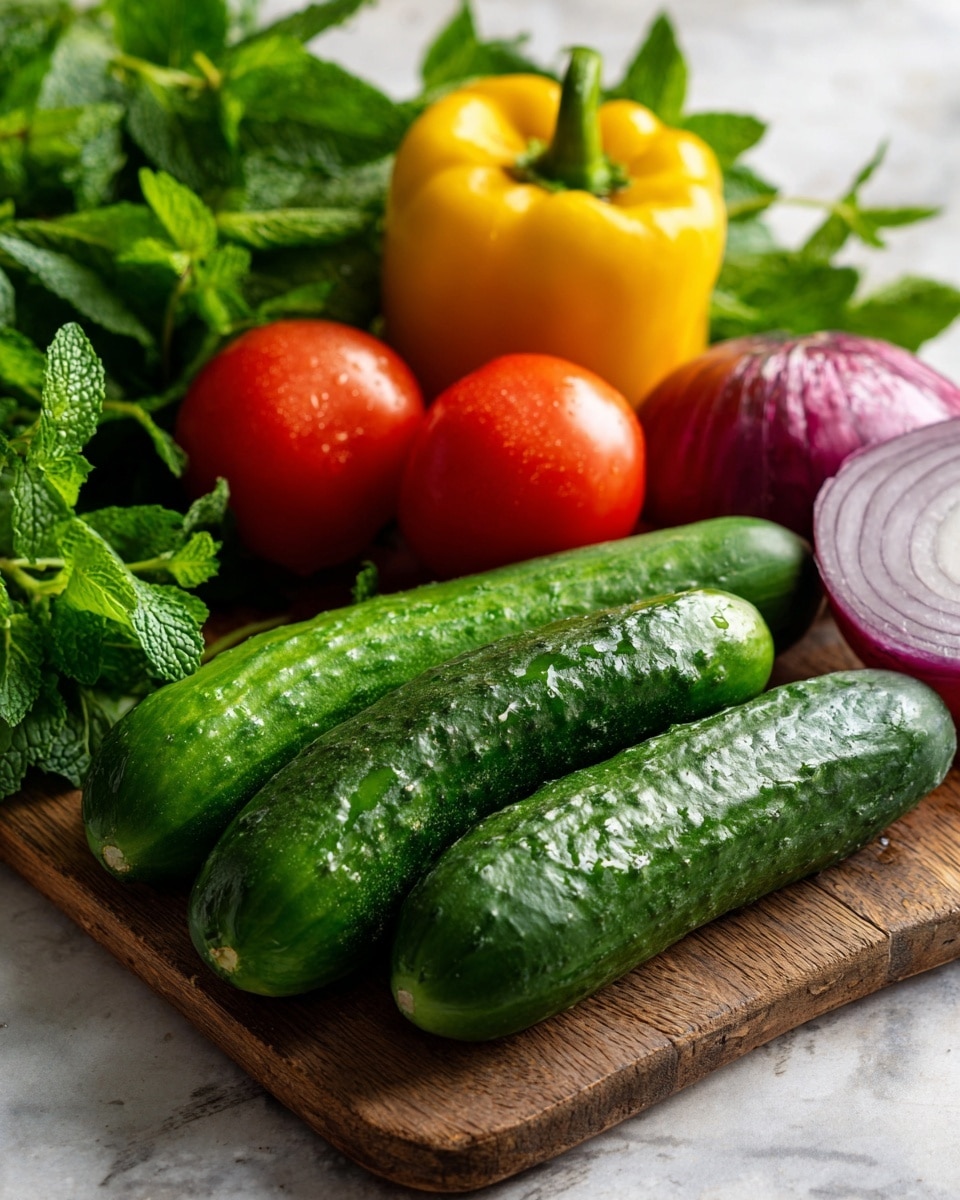 A close-up of fresh vegetables arranged on a wooden board sitting on a white marbled surface. There are three smooth green cucumbers lying horizontally in the middle, a whole yellow bell pepper with shiny skin placed near the top left, and two round, red tomatoes with smooth skin on the bottom left. At the bottom right, there is a half of a red onion showing pale purple and white layers with some root fibers. Above the bell pepper and cucumbers, there are bunches of fresh green leafy herbs, including parsley and mint, with visible texture and detail. The lighting is soft, highlighting the natural colors and textures. photo taken with an iphone --ar 4:5 --v 7