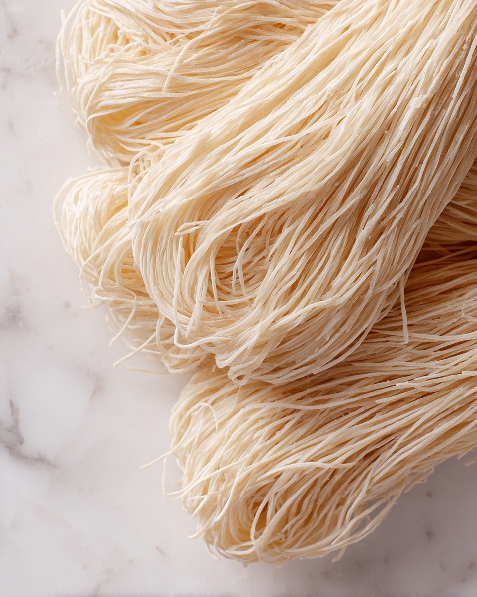 The image shows two close-up views of thin, uncooked rice noodles placed on a white marbled surface. The noodles are pale beige in color and have a smooth, slightly shiny texture. On the left, a side view highlights the fine, string-like strands bending and overlapping each other in a loose bundle. On the right, a top-down view shows the noodles laid out in neat, parallel layers, creating a soft, flowing effect with delicate, thin strands grouped together. The overall look is simple and natural, focusing on the noodle’s thin and delicate form. photo taken with an iphone --ar 4:5 --v 7